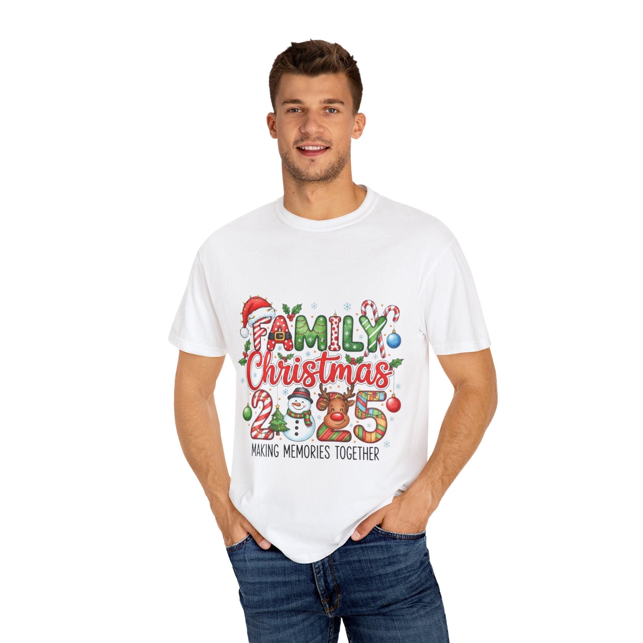 Family Christmas 2025 T-shirt with festive holiday design in white, made from 100% ring-spun cotton, available in large sizes.
