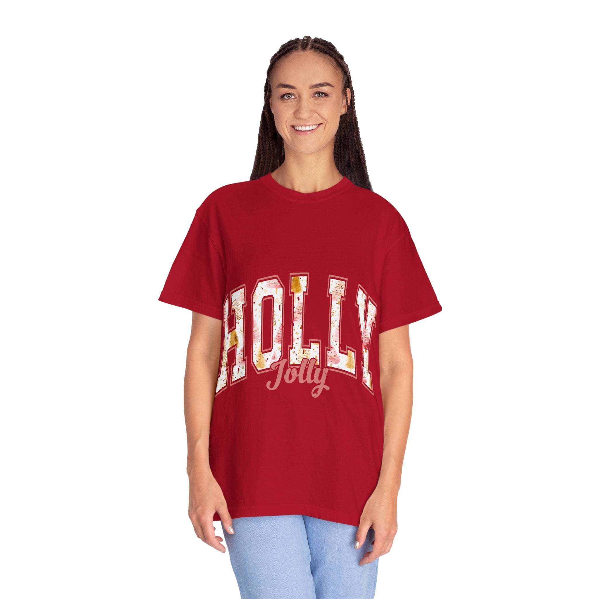 Woman wearing red Varsity Holly Jolly T-shirt with festive print and relaxed fit