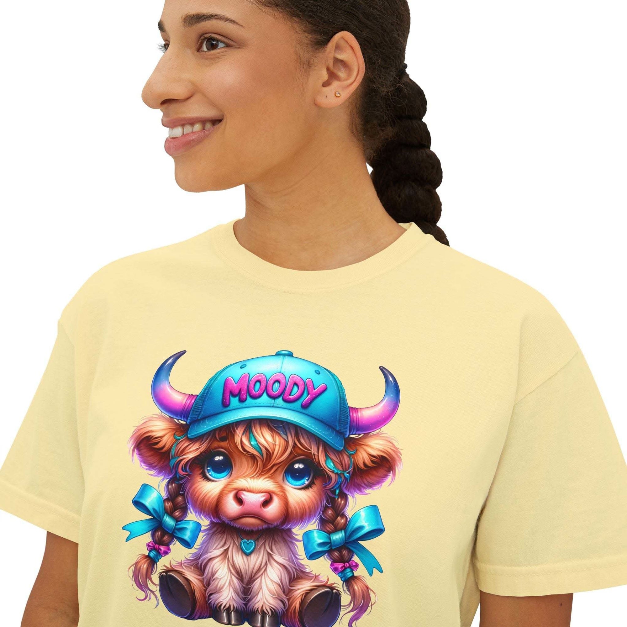 Women's boxy tee with moody girl highland cow graphic, vintage pigment dye, casual fit