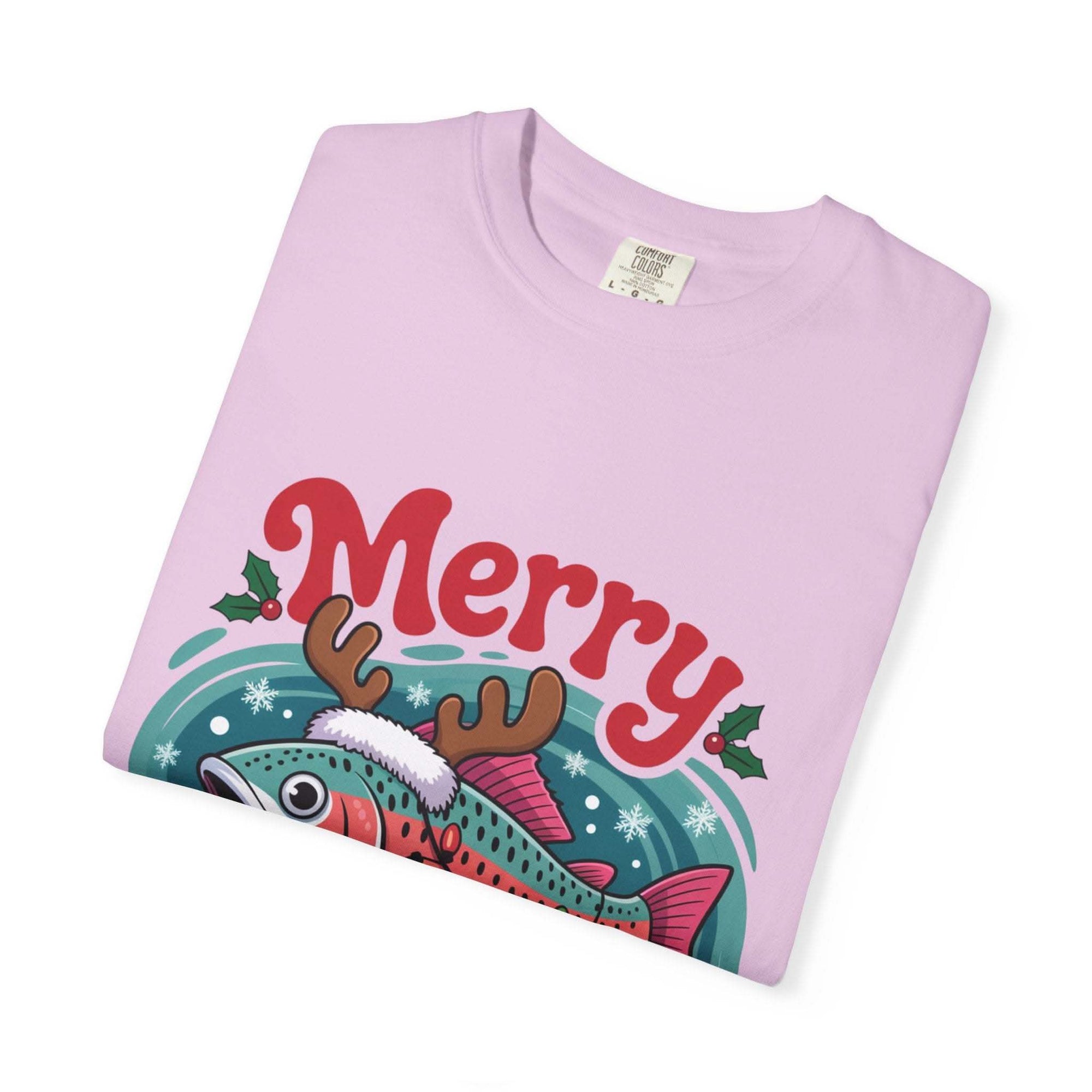 True Navy garment-dyed t-shirt featuring Merry Fishmas design for fishermen, by Printify