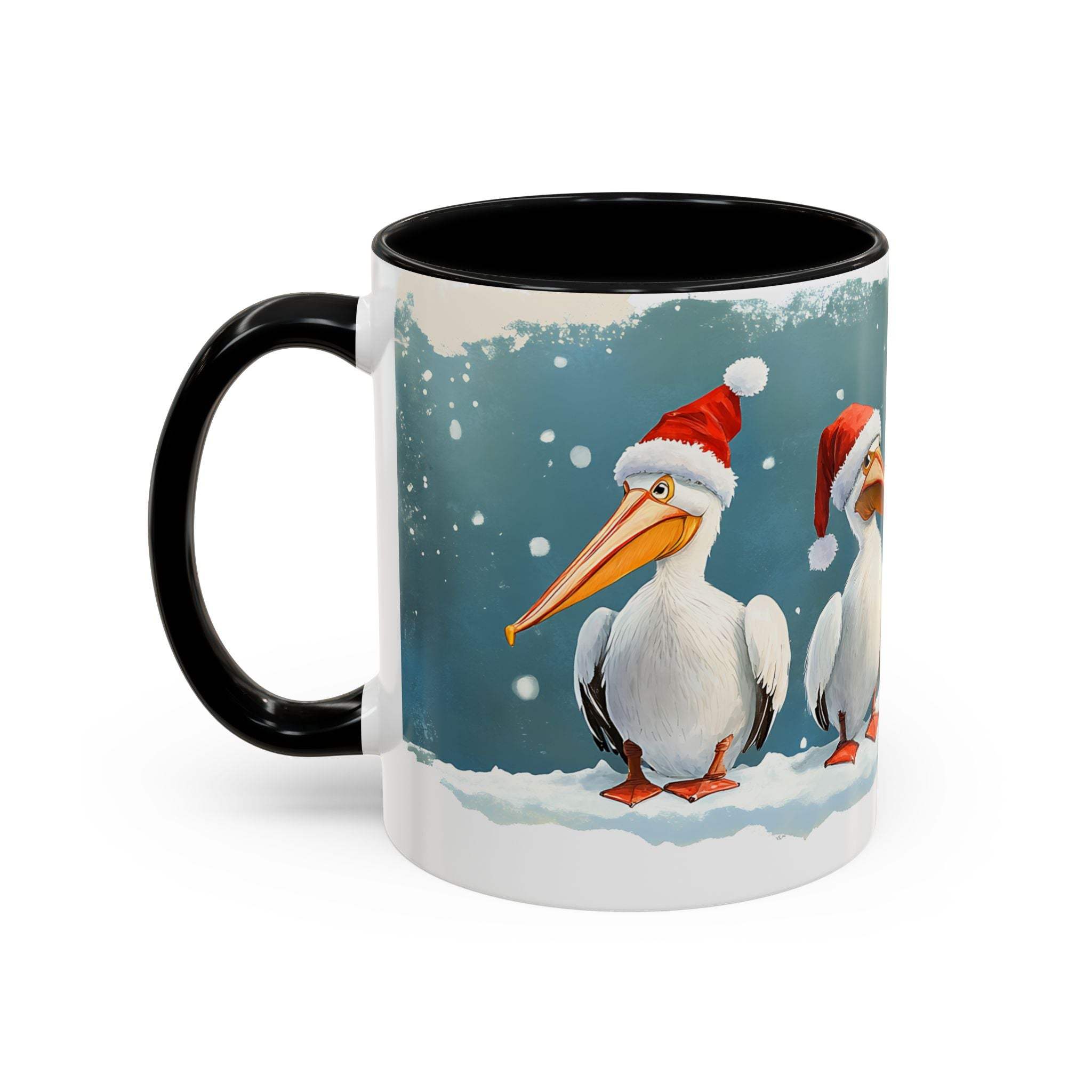 Mug with Christmas-themed design featuring pelicans wearing Santa hats on a snowy background.