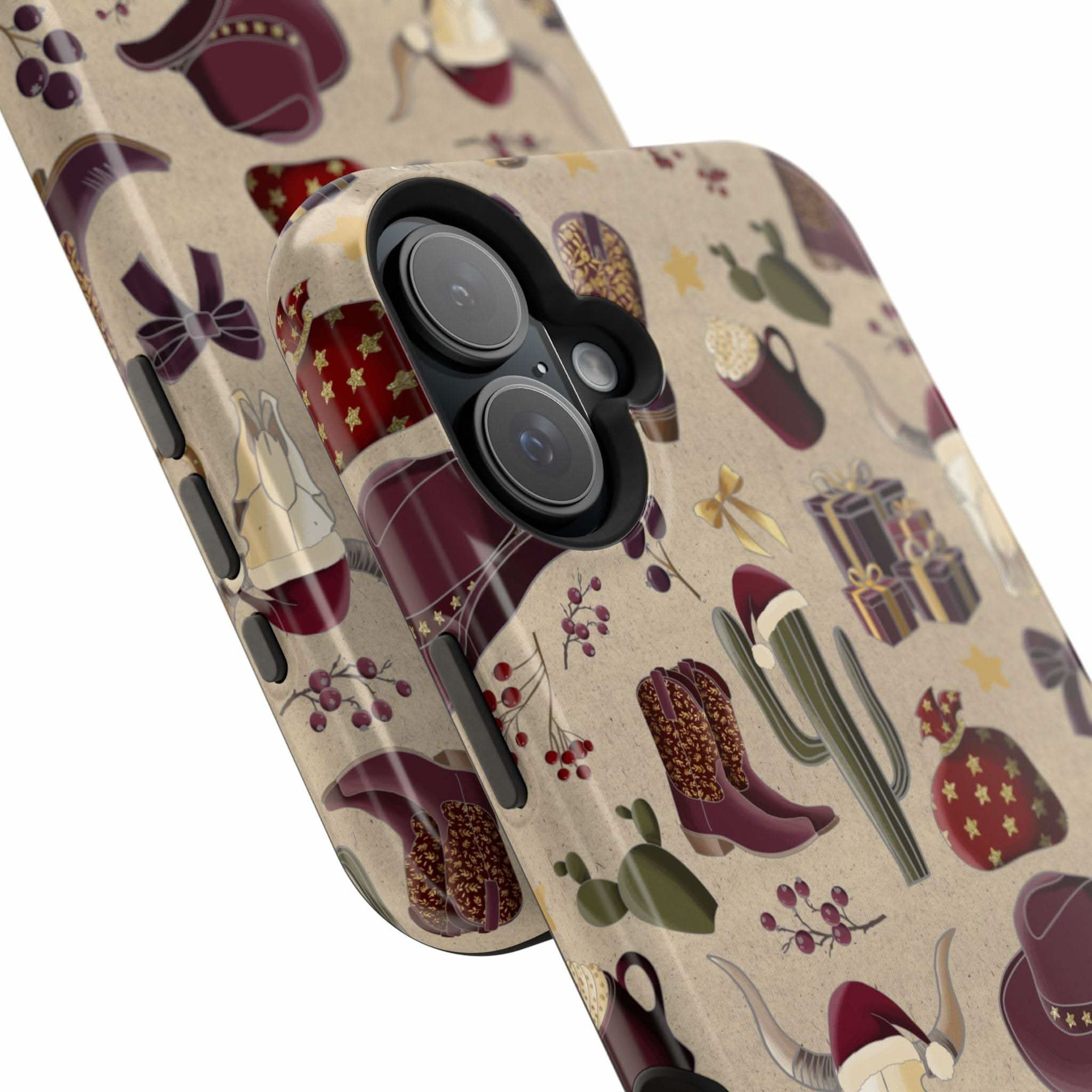 Cowboy Christmas design phone case for iPhone 17 in glossy finish by Printify, featuring festive colors and patterns.