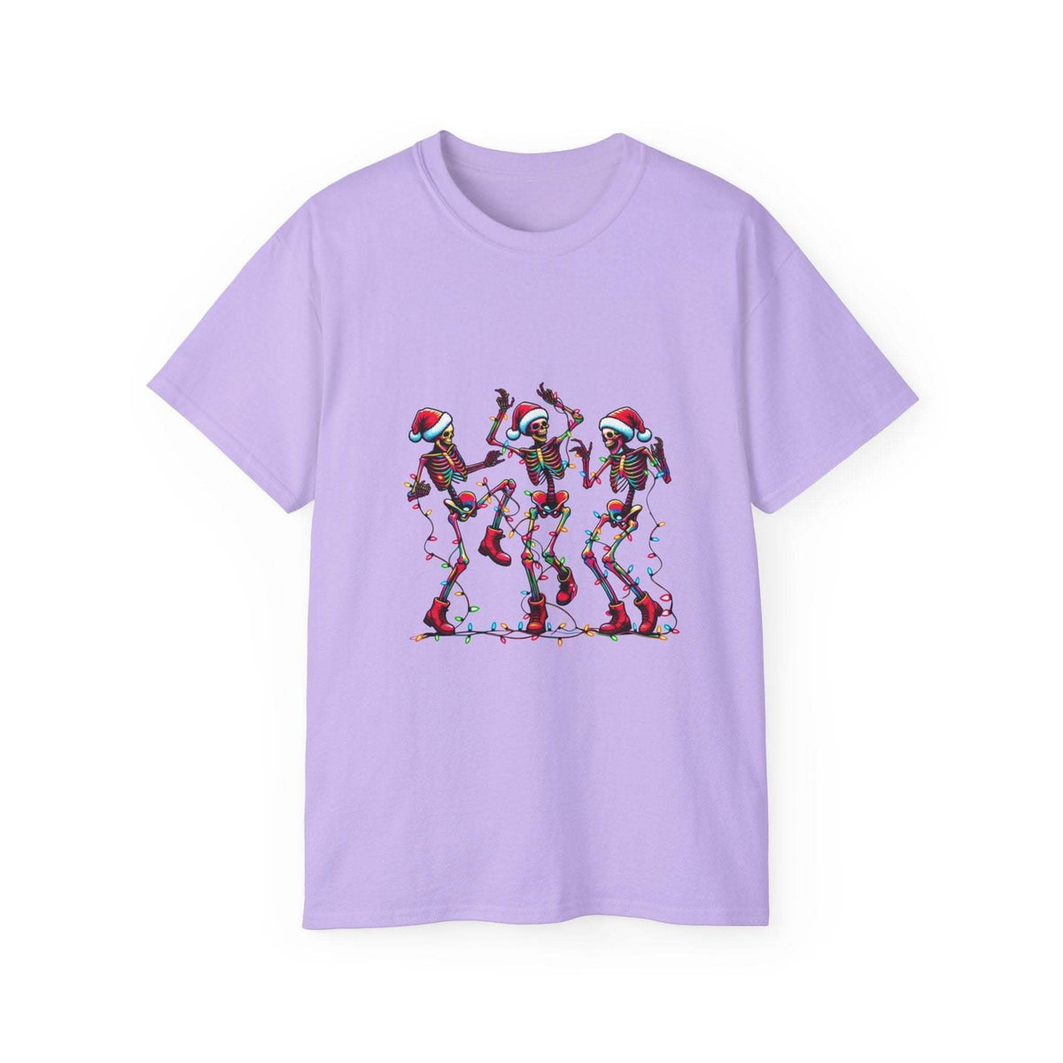 White Christmas Dancing Skeletons t-shirt by Printify, festive design perfect for holiday celebrations