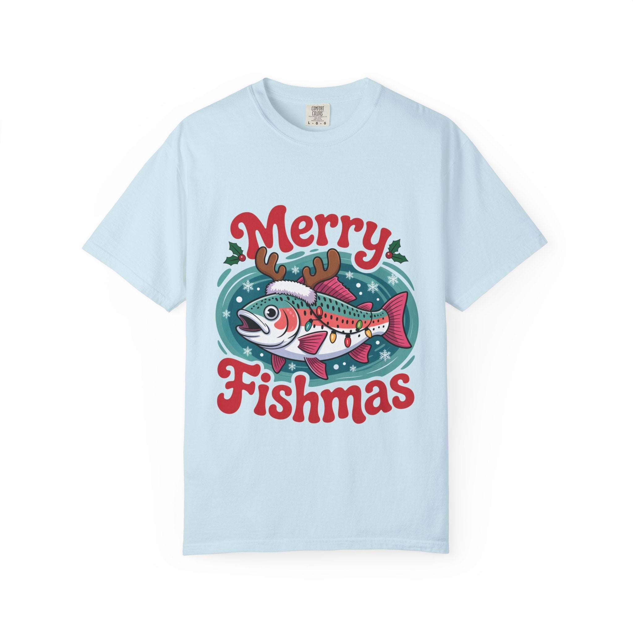 True Navy garment-dyed t-shirt featuring Merry Fishmas design for fishermen, by Printify