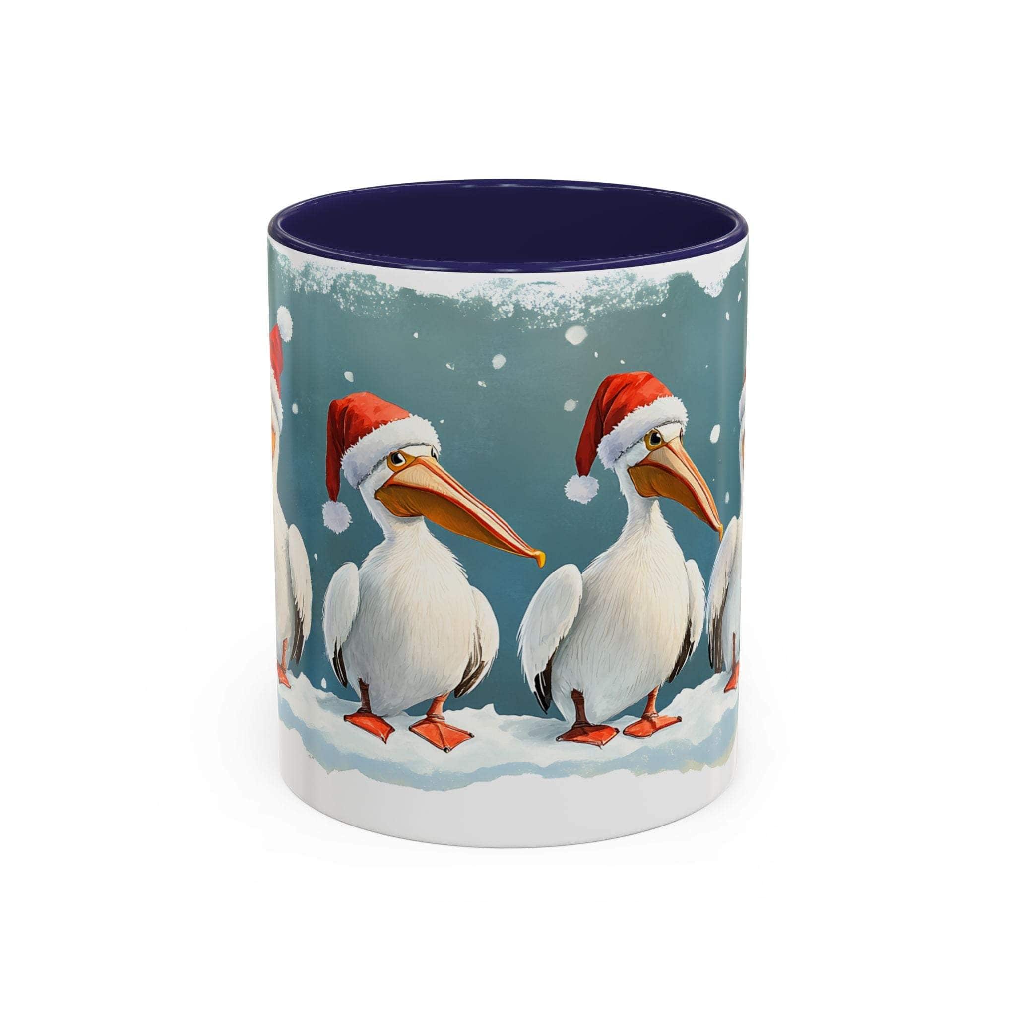 Mug with Christmas-themed design of pelicans wearing Santa hats on a blue background.