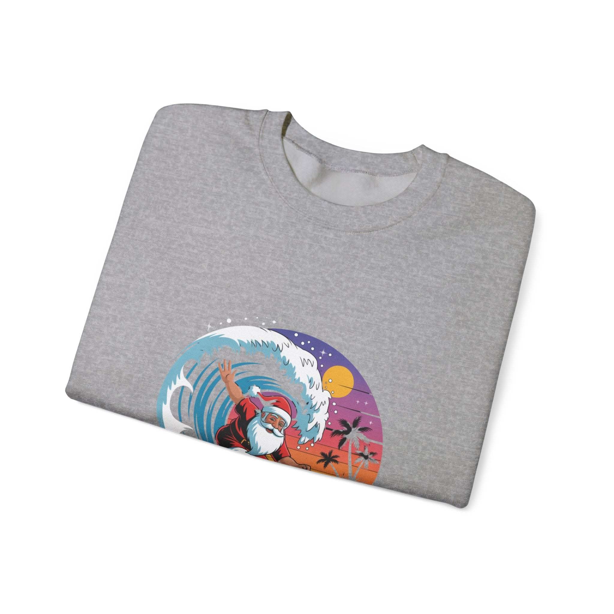 Navy Santa sweatshirt featuring a surfing design, perfect for holiday beachwear by Printify.