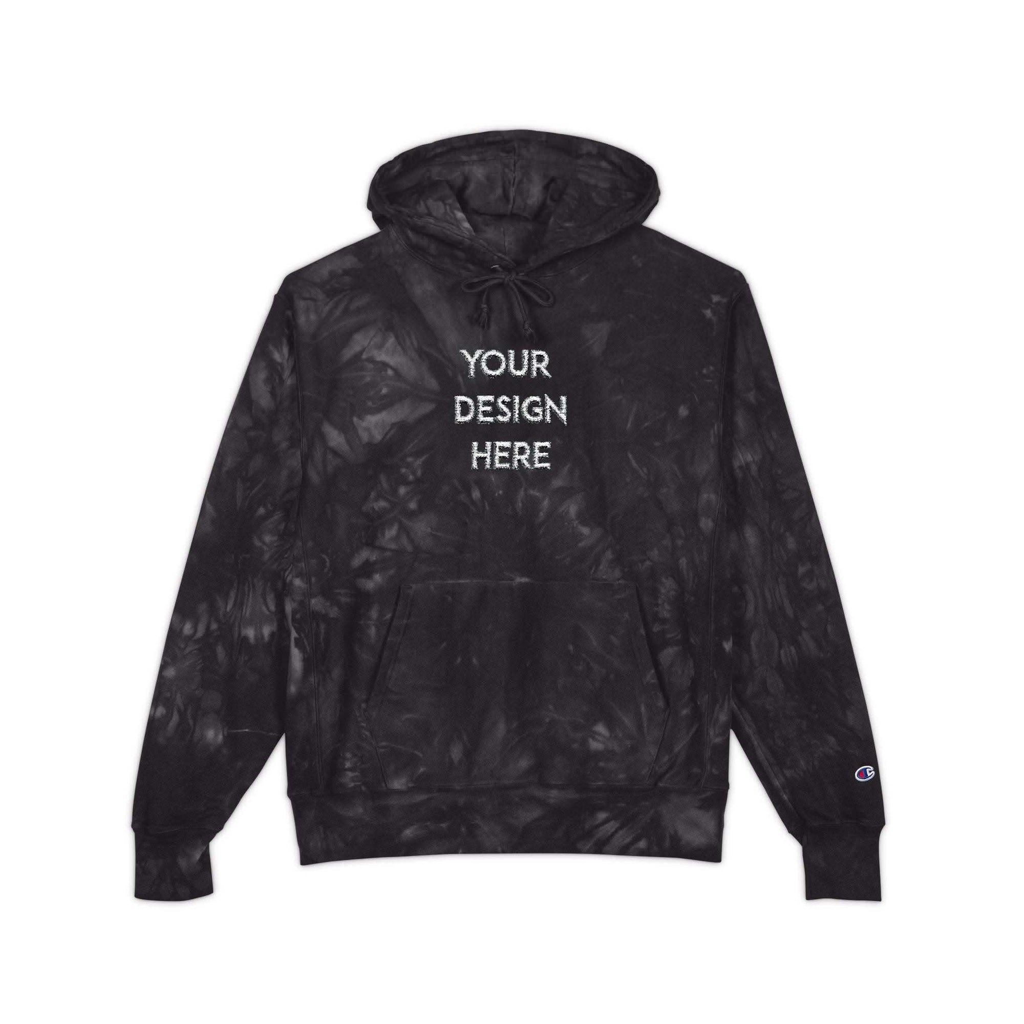 Custom embroidered tie-dye hoodie in mulled berry with a stylish casual design by Printify