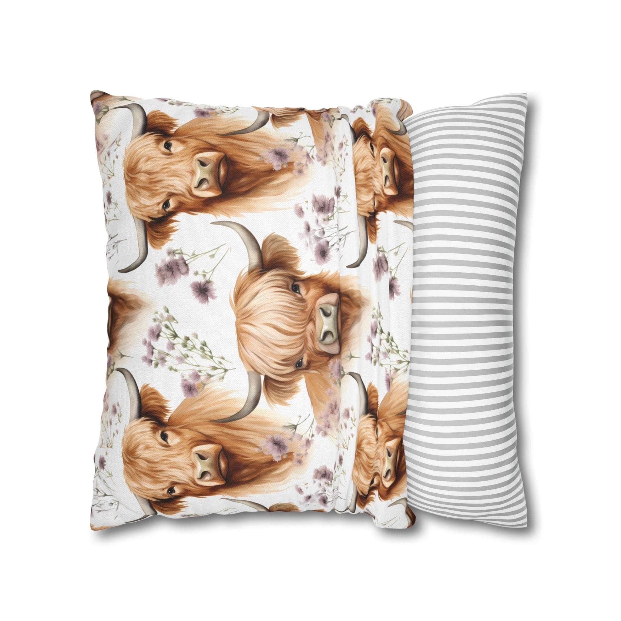 Floral Highland Cow pillowcase with delicate blooms and long-haired cow design on soft fabric