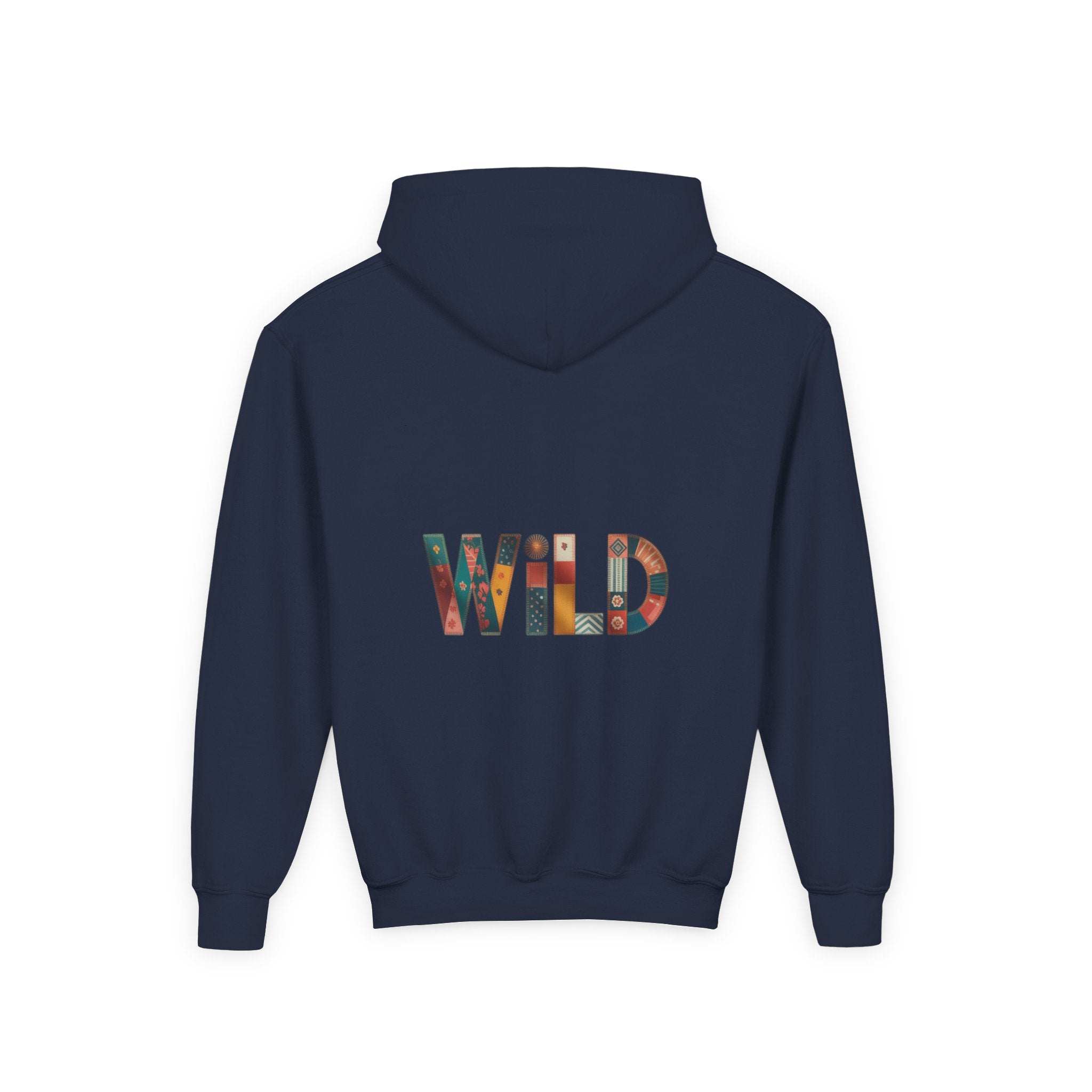 Navy Patchwork Wild Word Hoodie with colorful "WILD" text design on back, kids youth fit, cotton-polyester blend, kangaroo pocket.