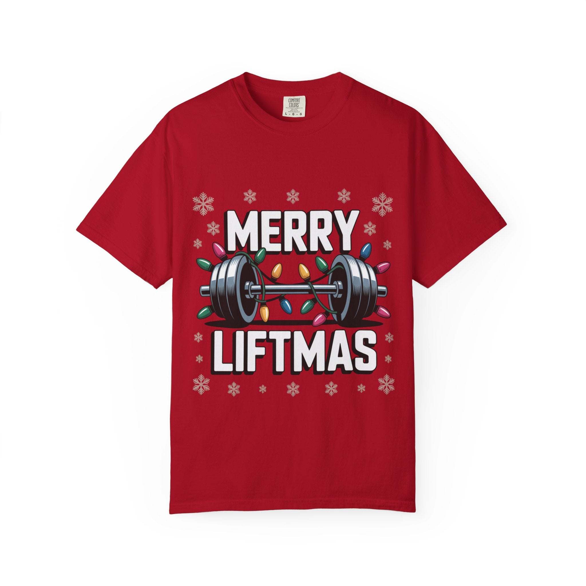 Red Christmas Workout T-shirt with Merry Liftmas barbell design and holiday lights decoration