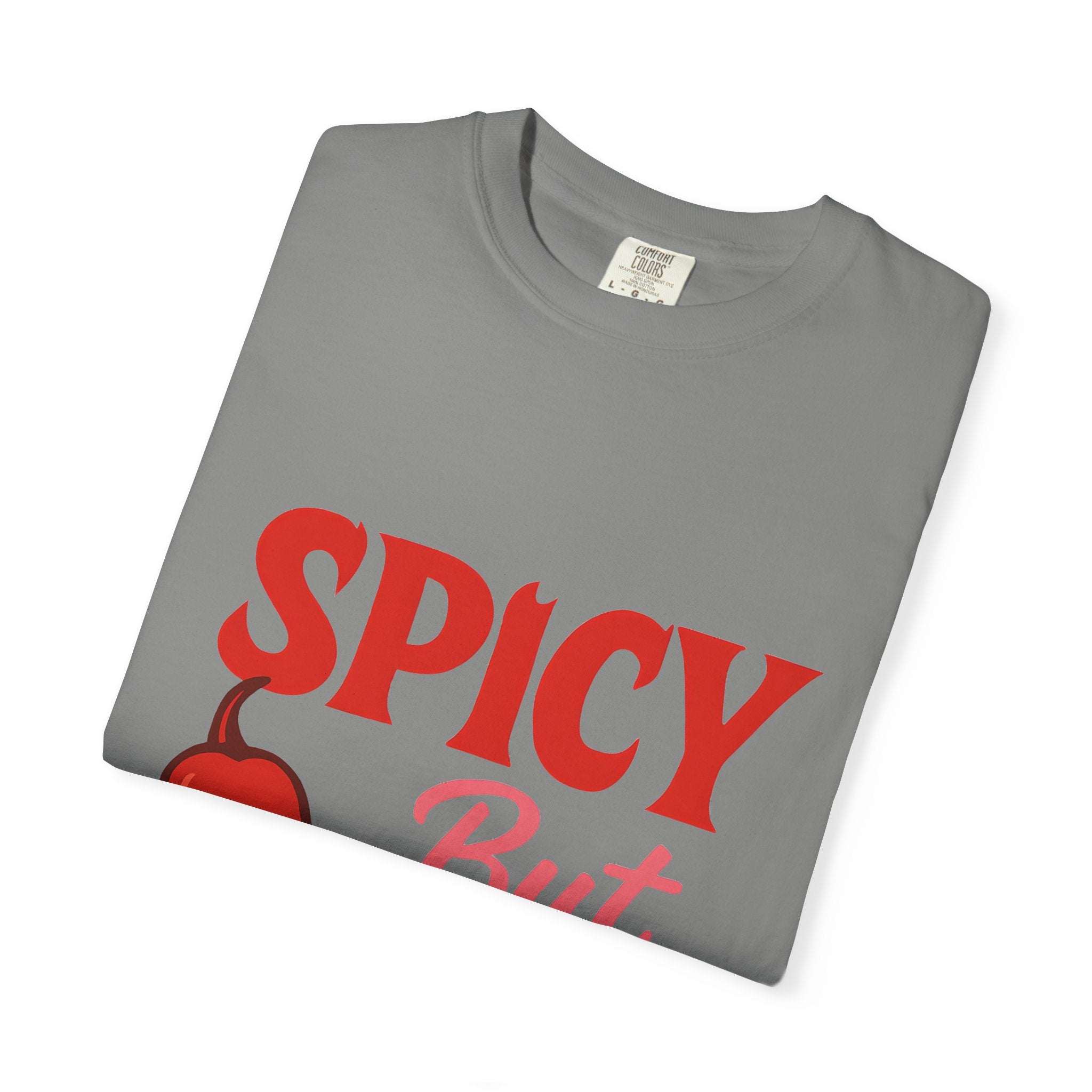 Folded grey spicy but sweet unisex garment-dyed cotton T-shirt with bold red text and chili pepper graphic