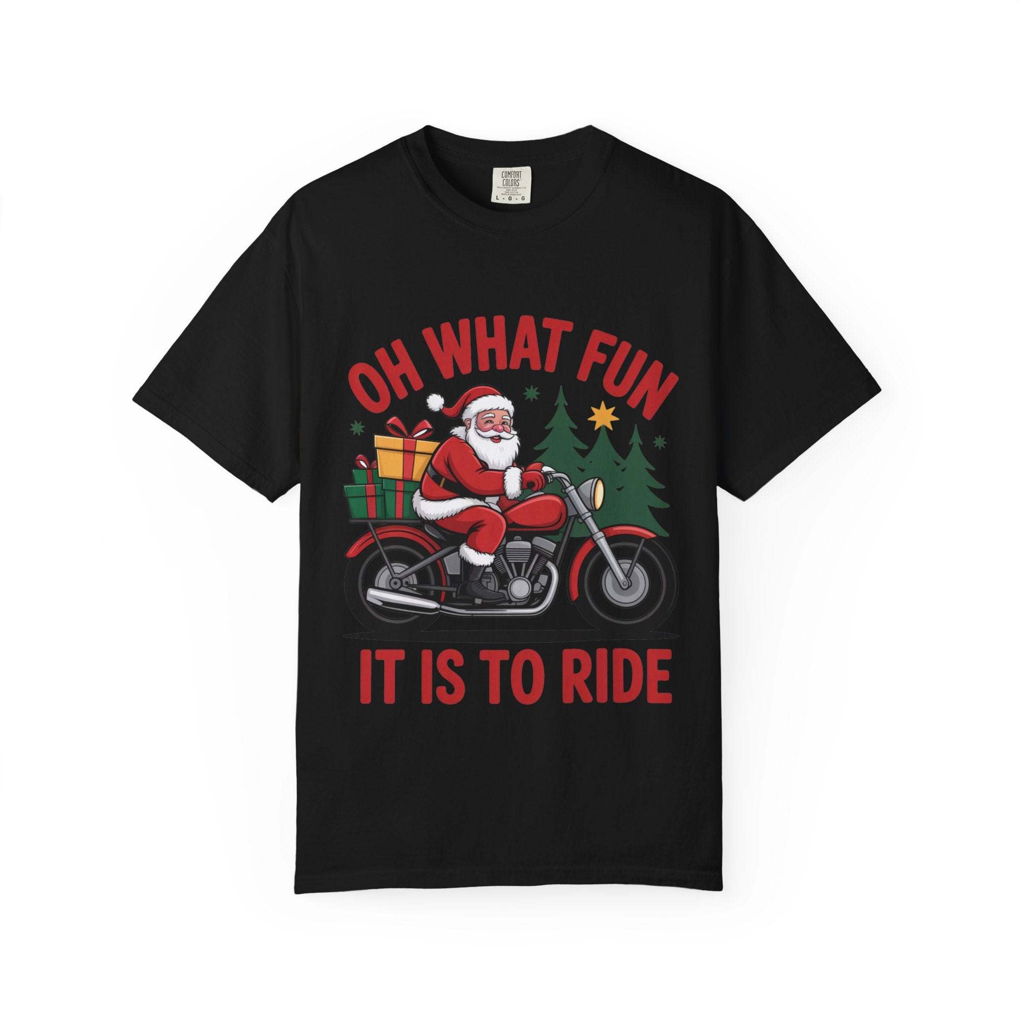 Black t-shirt with Santa on a motorcycle graphic and festive "Oh what fun it is to ride" text