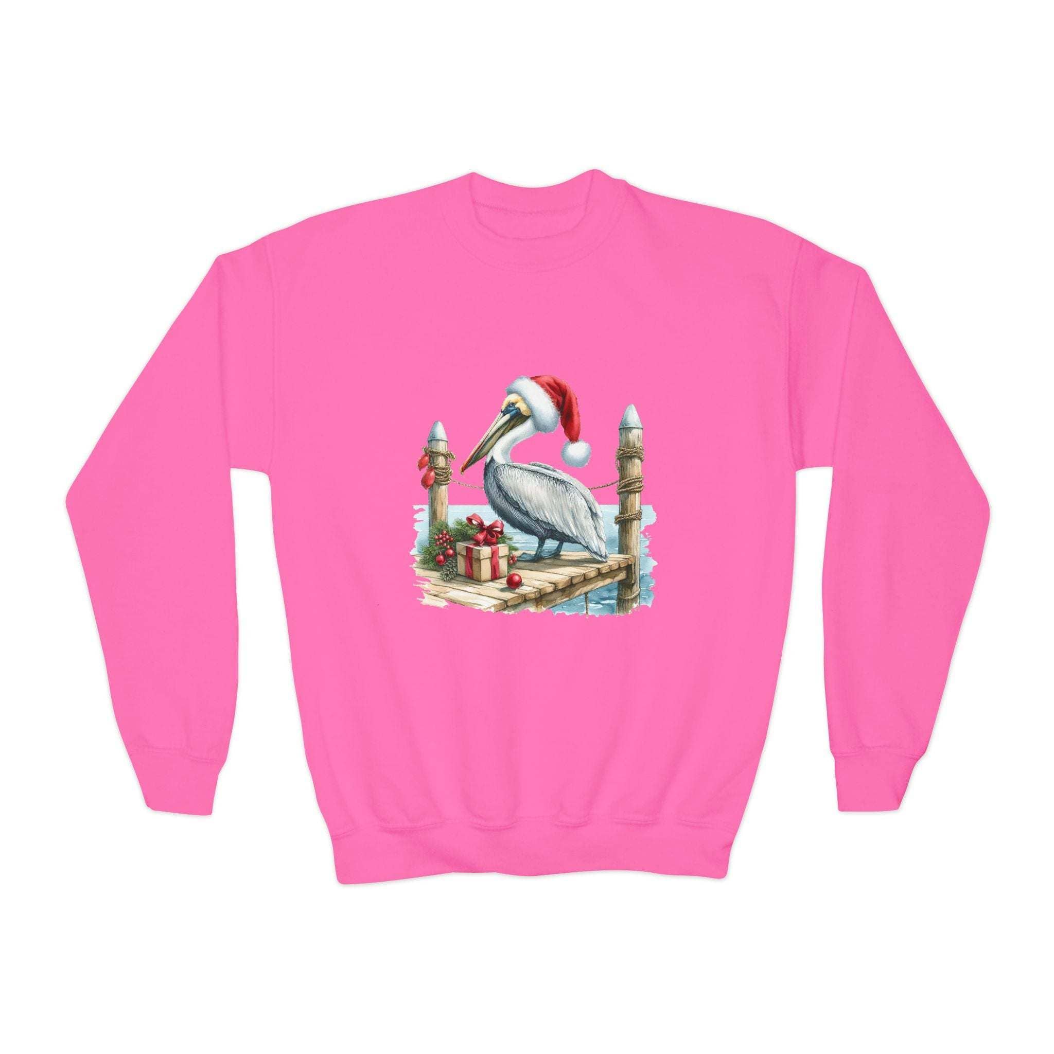 Youth pink crewneck sweatshirt with embroidered pelican wearing Santa hat and holiday gifts design
