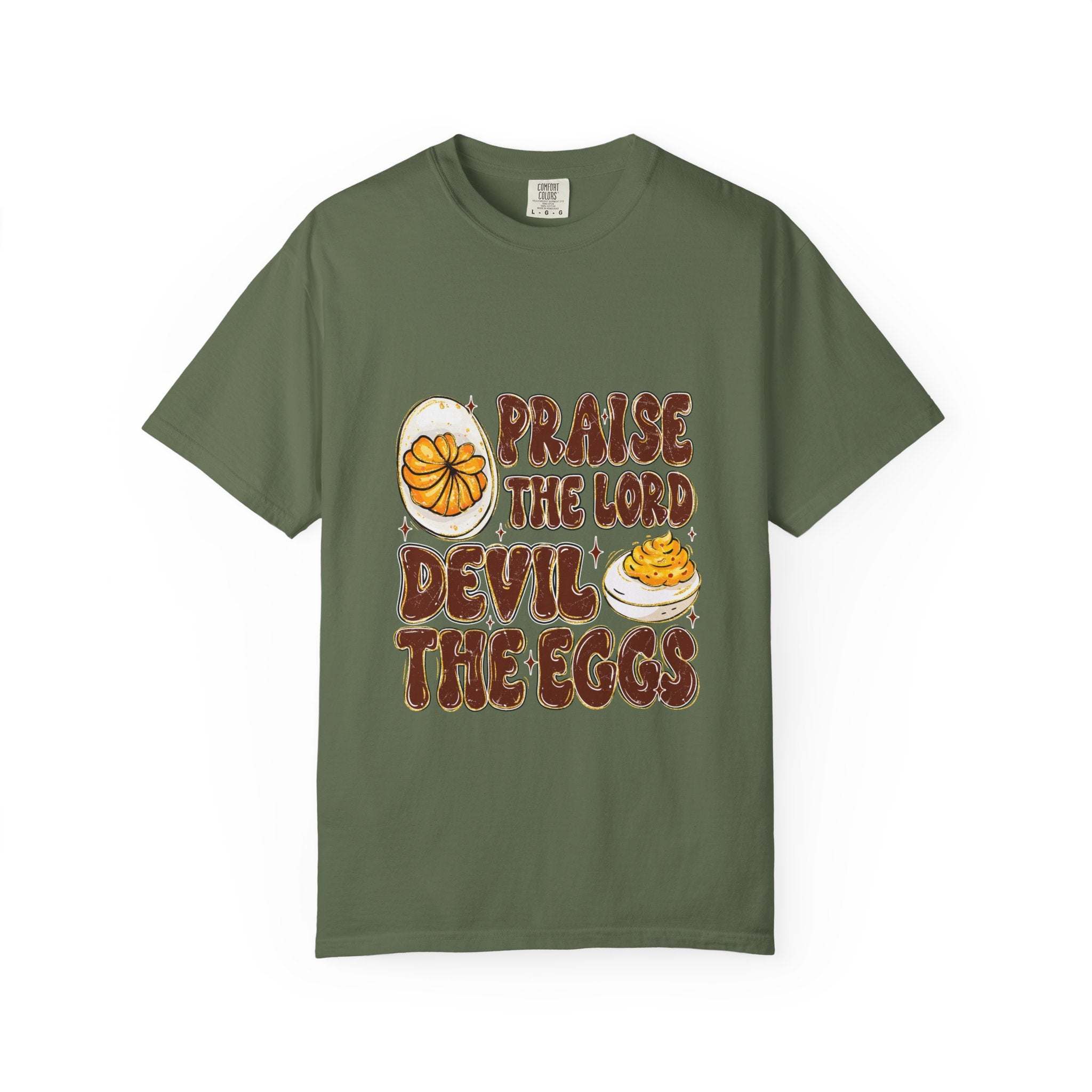 White cotton t-shirt featuring 'Praise the Lord, Devil the Eggs' design, perfect for Easter and Christian apparel.