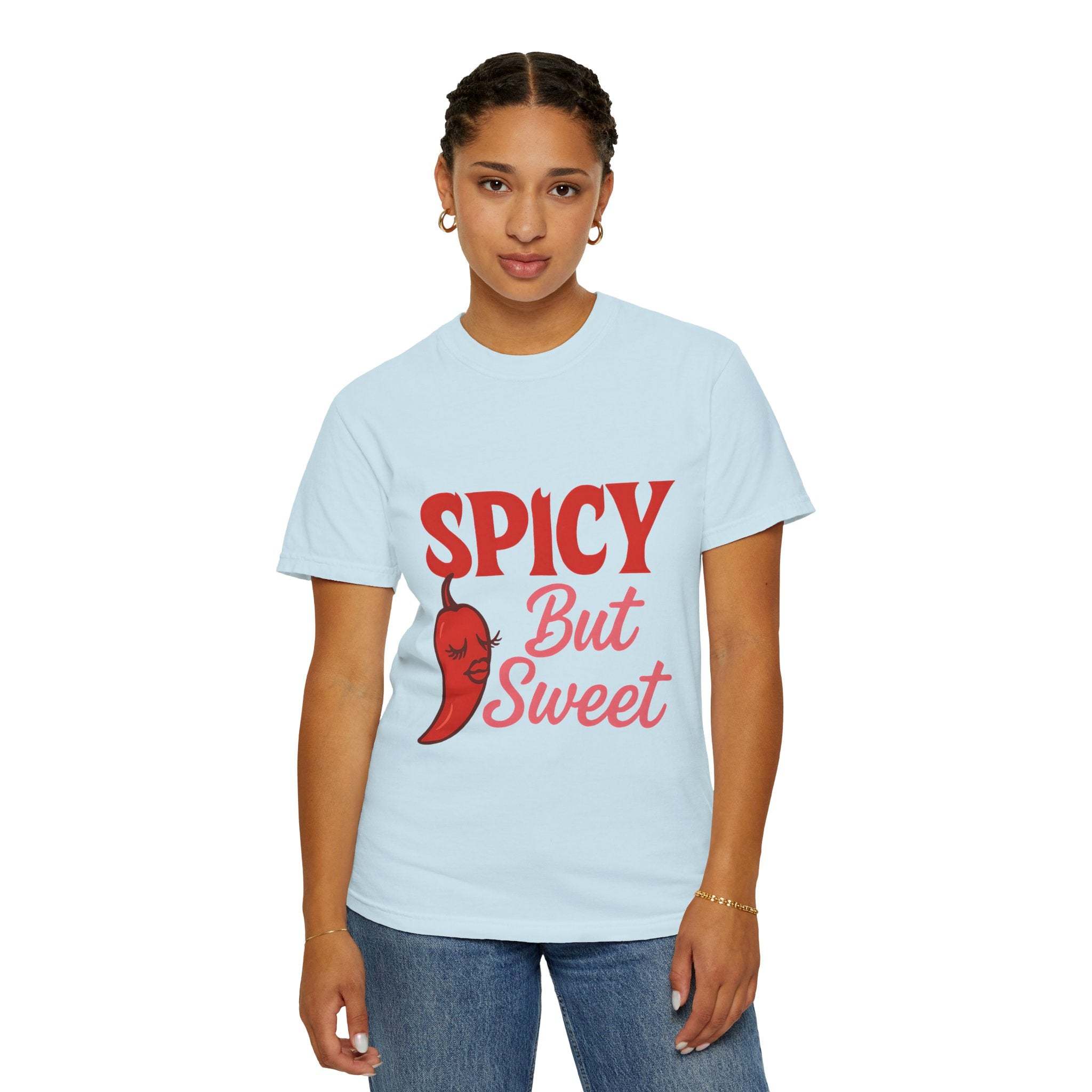 Spicy But Sweet T-shirt light blue unisex garment-dyed tee with chili pepper graphic and playful text design