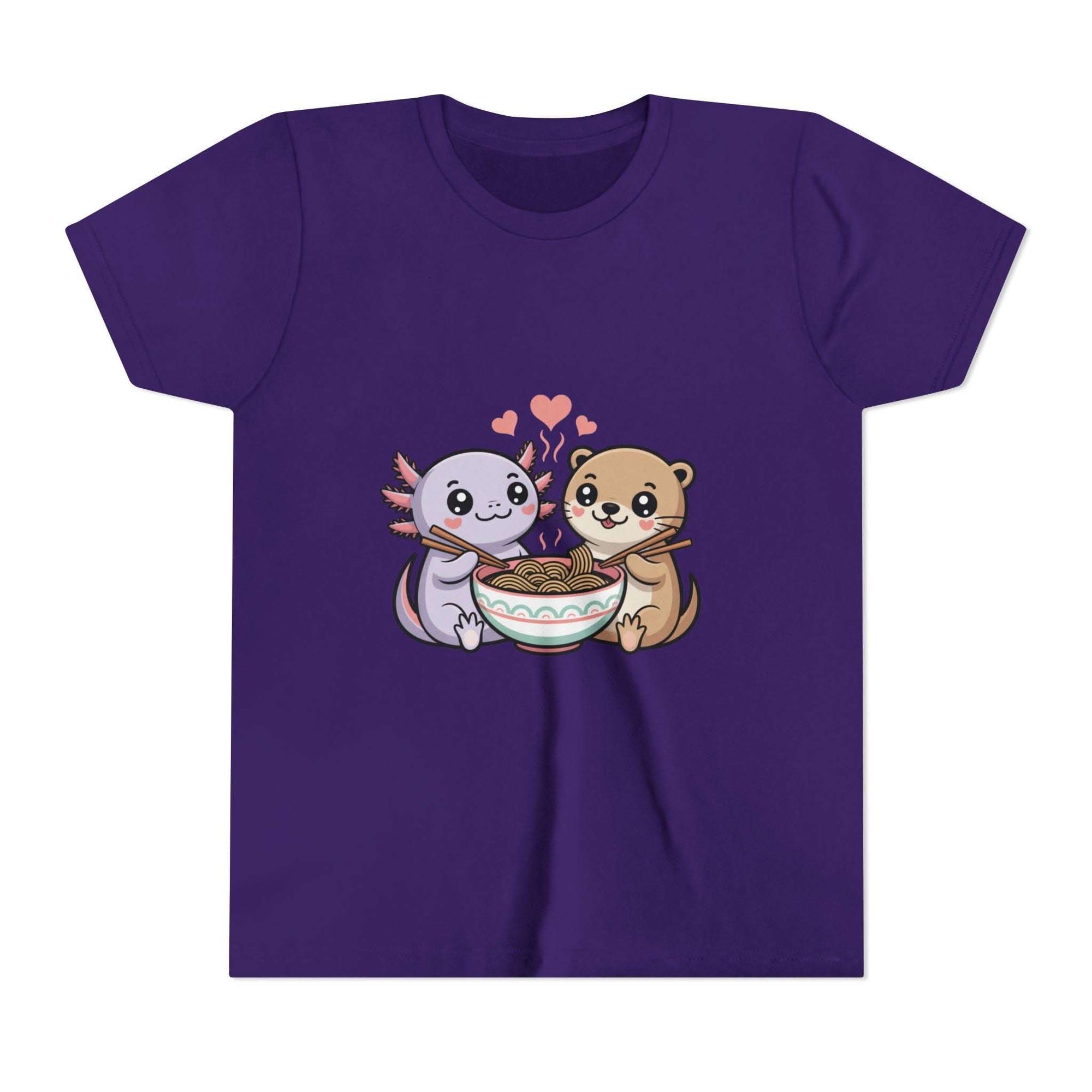 Cute Kawaii Animal Kids Shirt with axolotl and otter sharing ramen bowl design on lightweight cotton fabric