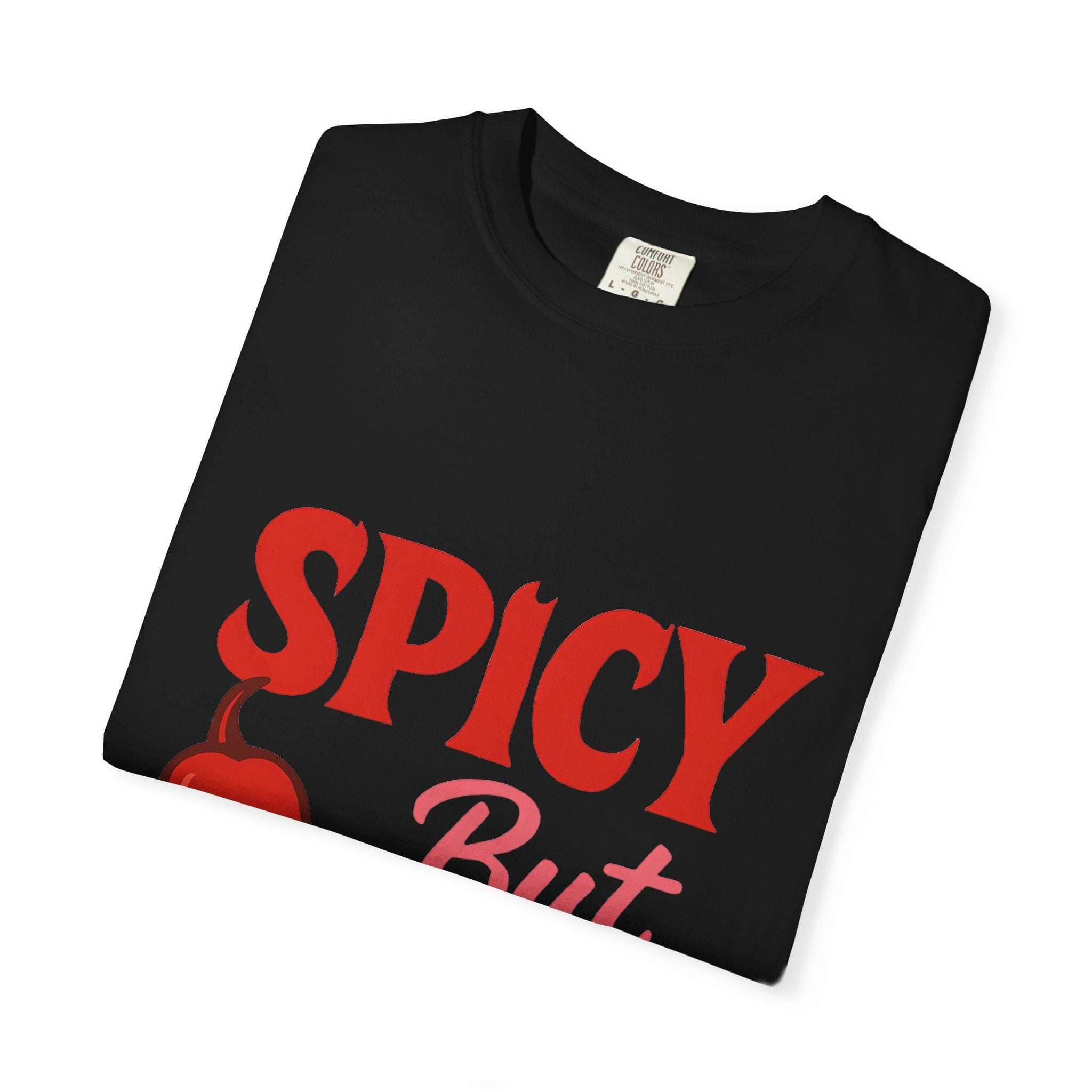Folded black unisex spicy but sweet T-shirt with bold red text and chili pepper graphic