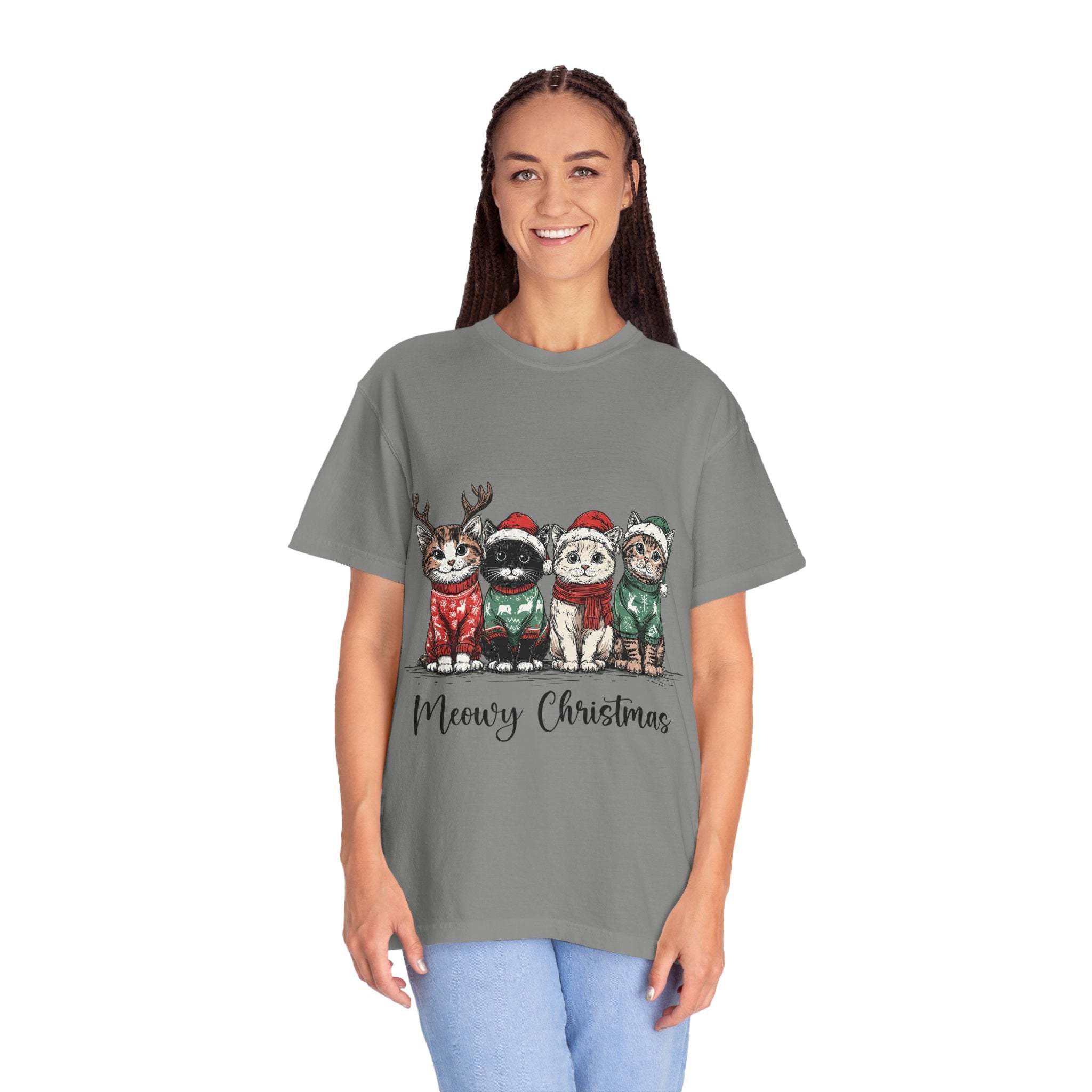 Bay Cat Lover T-shirt with Meowy Christmas design from Printify, perfect festive gift for cat enthusiasts.