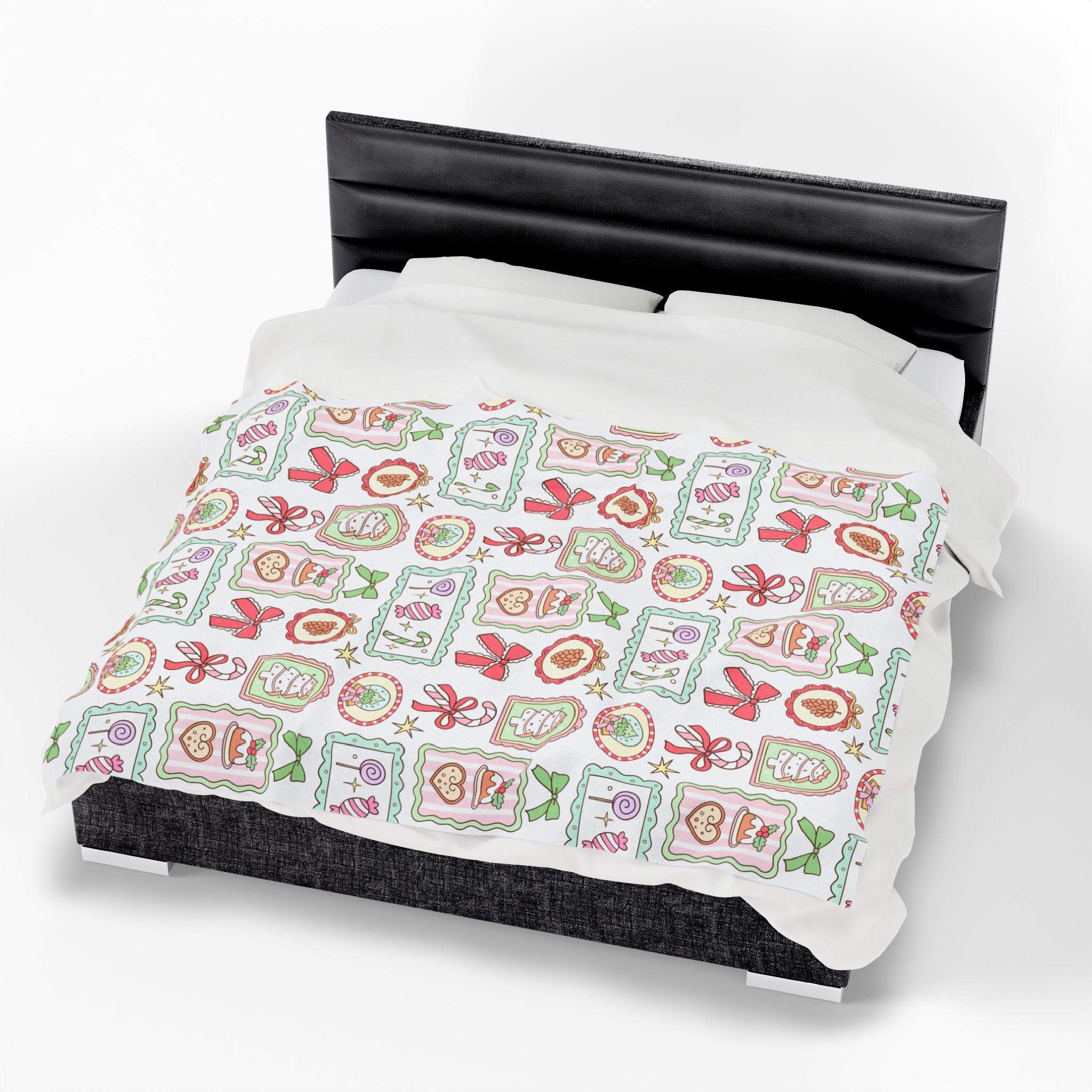 Velveteen plush blanket with retro Christmas frame pattern on bed for holiday decor