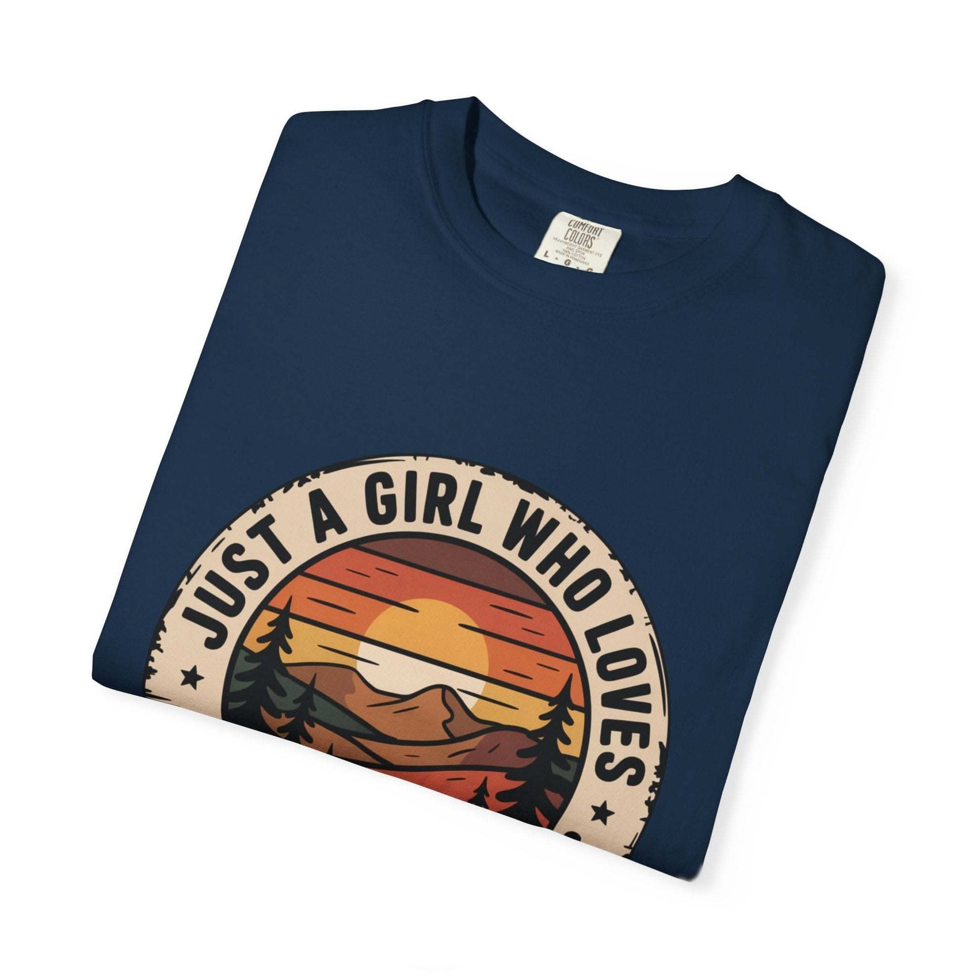 National Parks T-Shirt with "Just a Girl Who Loves National Parks" text, garment-dyed cotton, relaxed fit, outdoor adventure style