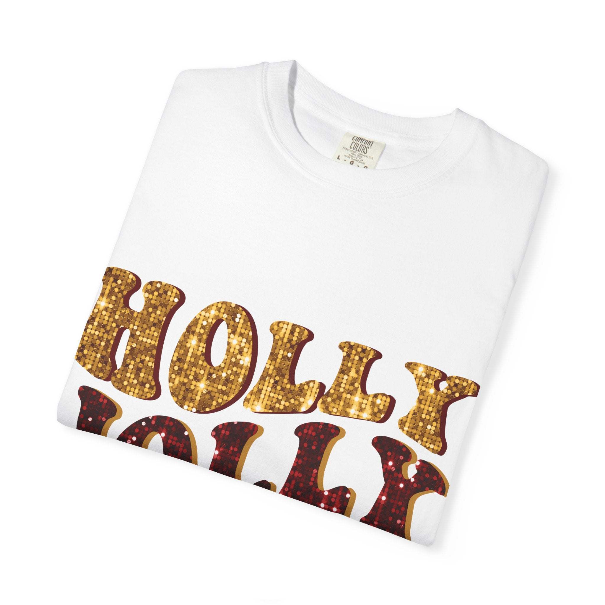 White Faux Glitter Holly Jolly Mama T-shirt with festive gold and red glitter text design