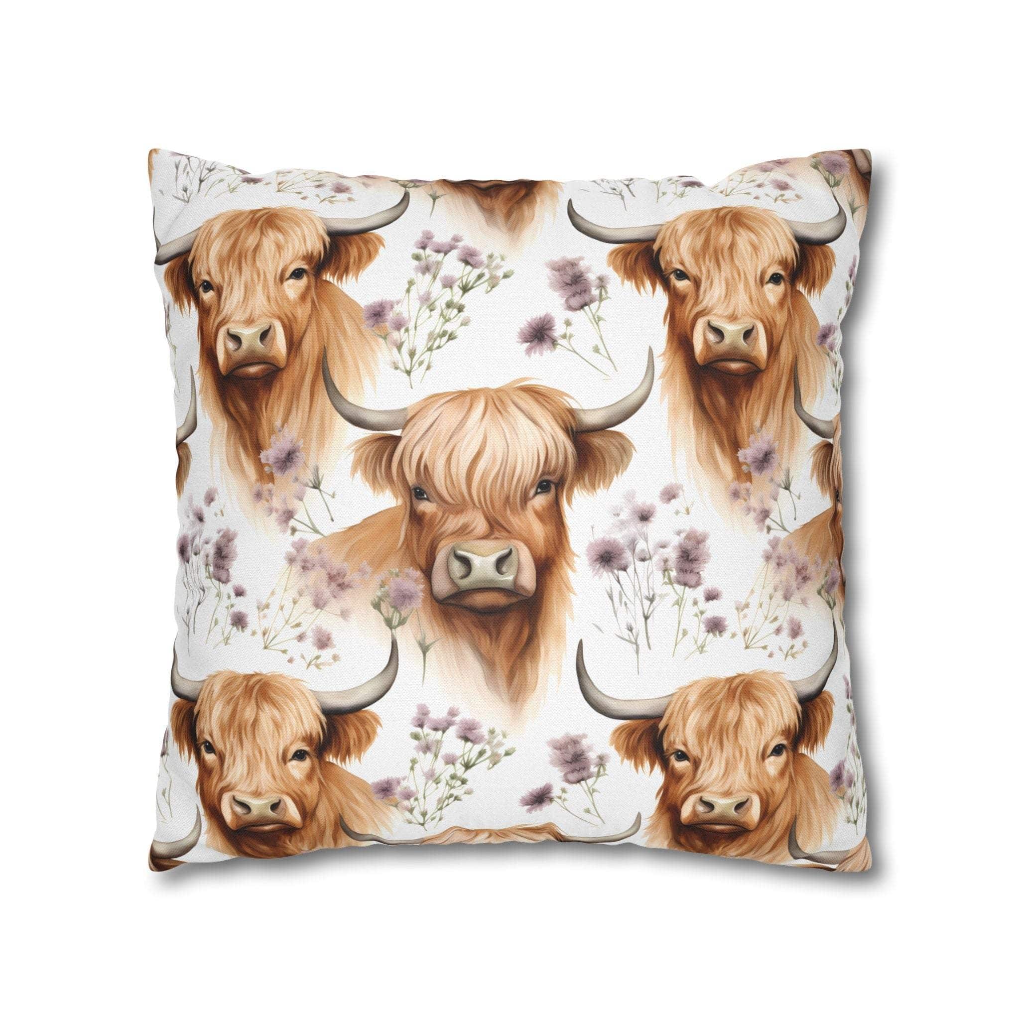 Floral Highland Cow pillowcase with delicate blooms and long-haired cow design for farmhouse charm