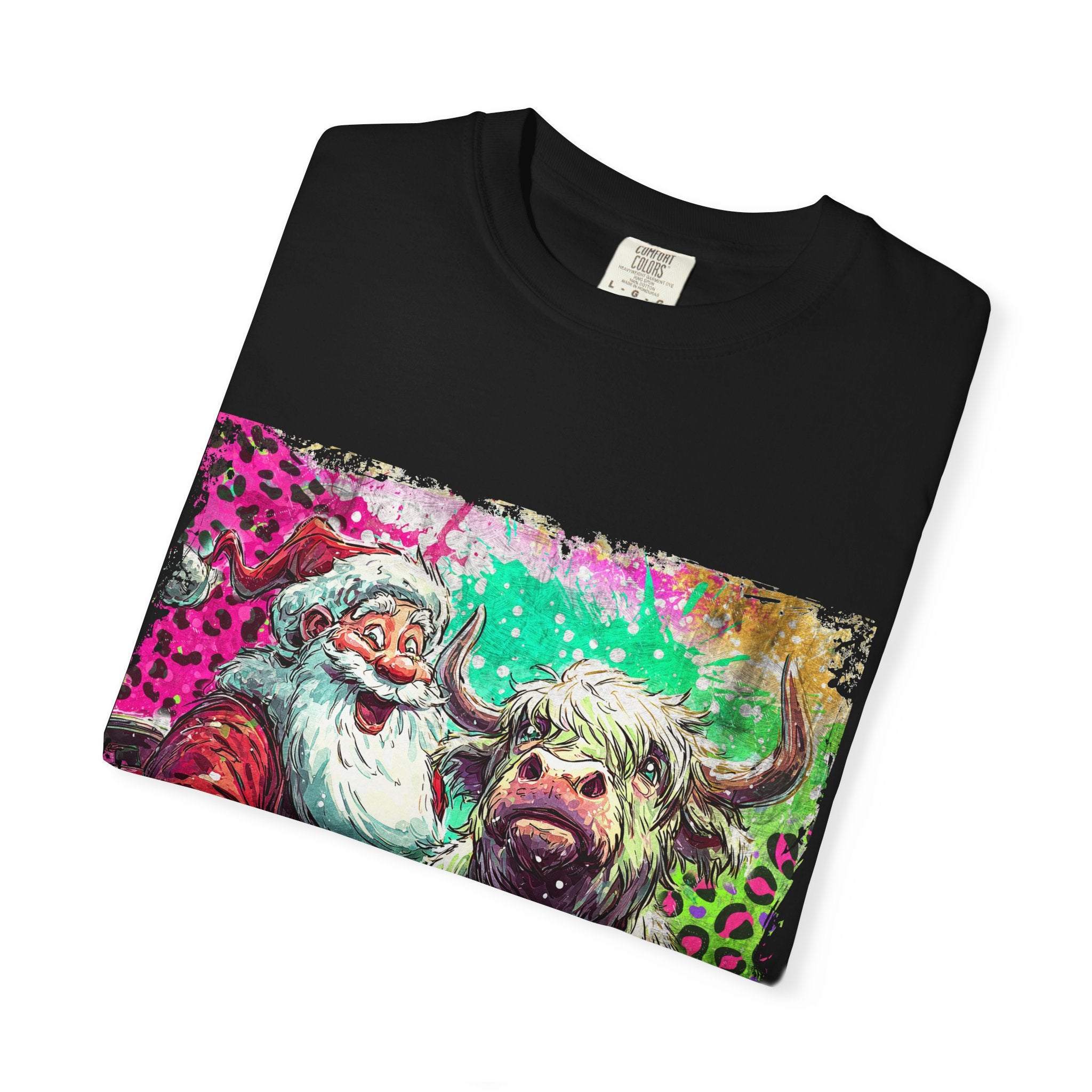 Retro Santa and Highland Cow graphic on a black t-shirt by Printify, perfect for festive holiday wear.