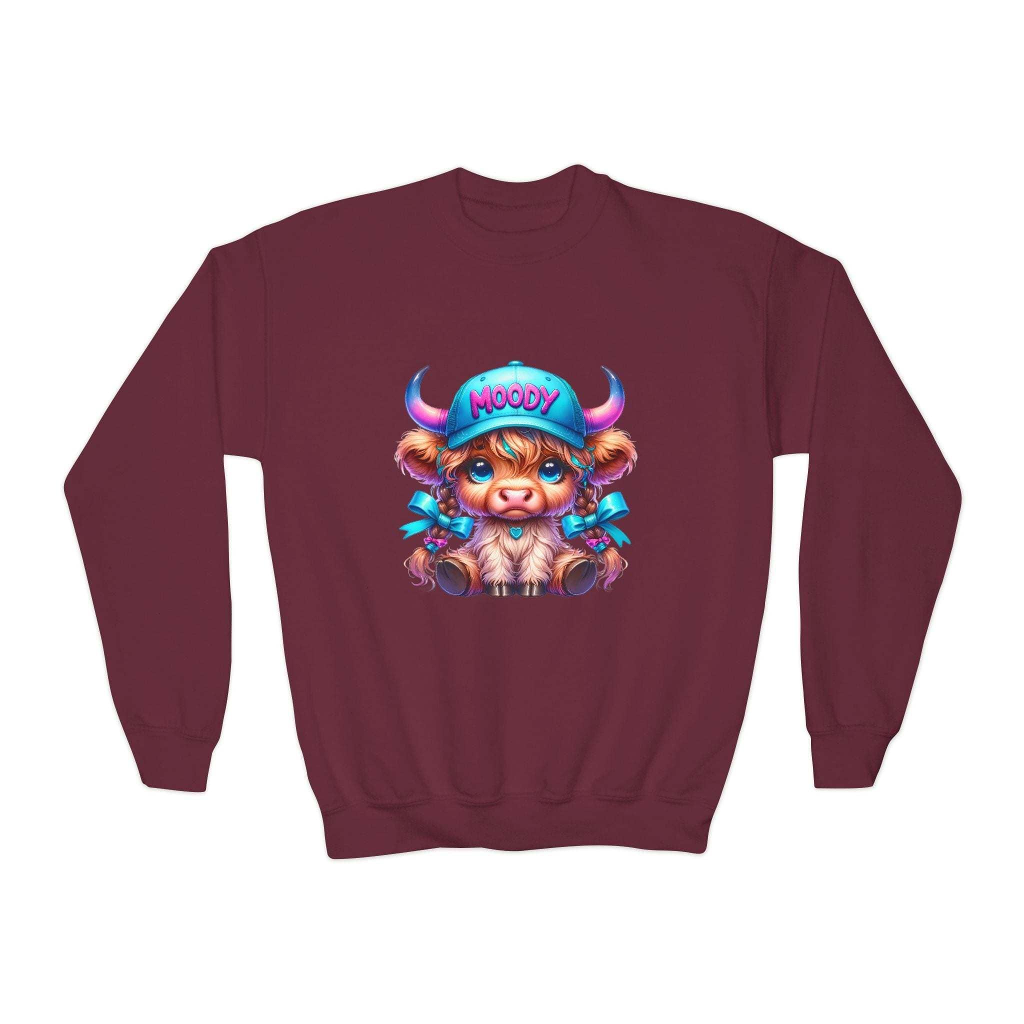 Moody Girl Highland Cow kids sweatshirt with playful embroidered highland cow design on maroon background