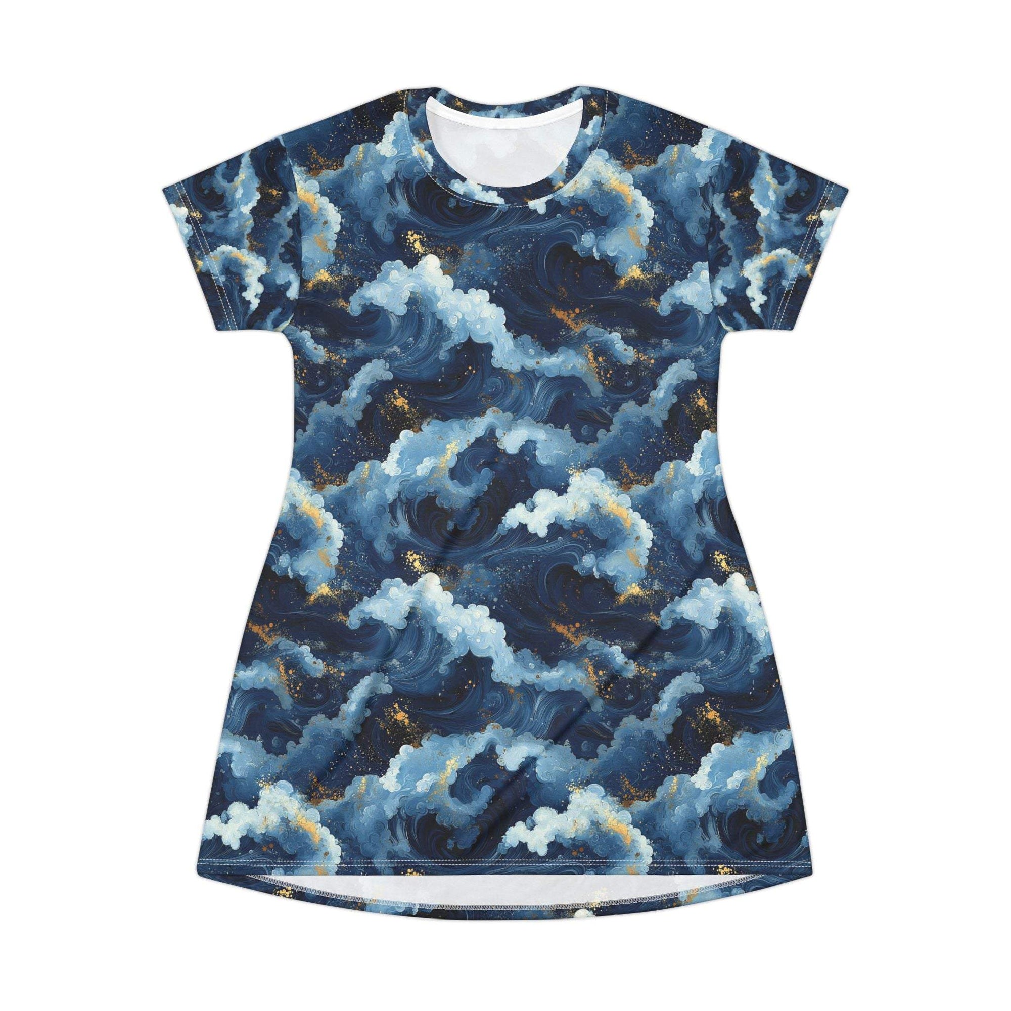 Navy storm cloud pattern all-over print flowing dress with gold flecks and tagless neckline