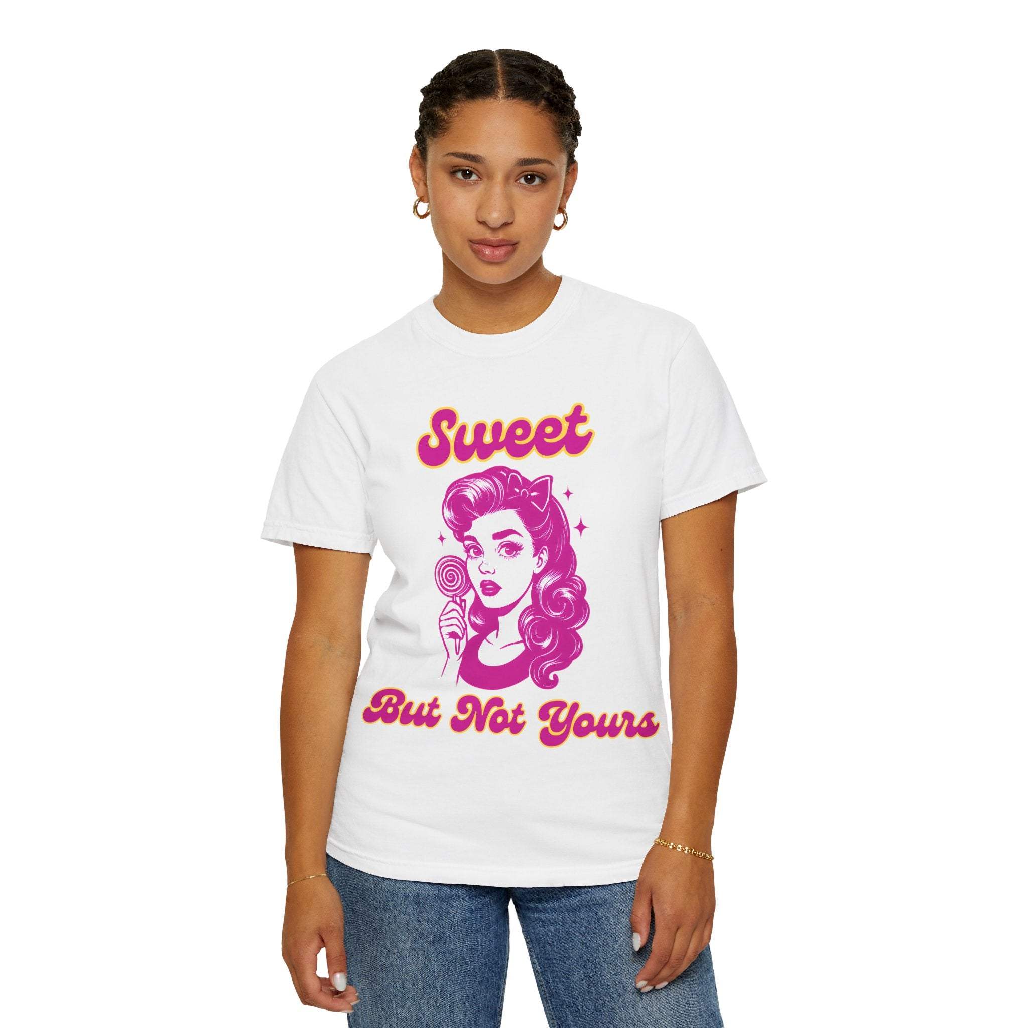 Woman wearing white T-shirt with Sweet But Not Yours Bratcore Design featuring retro woman and lollipop graphic