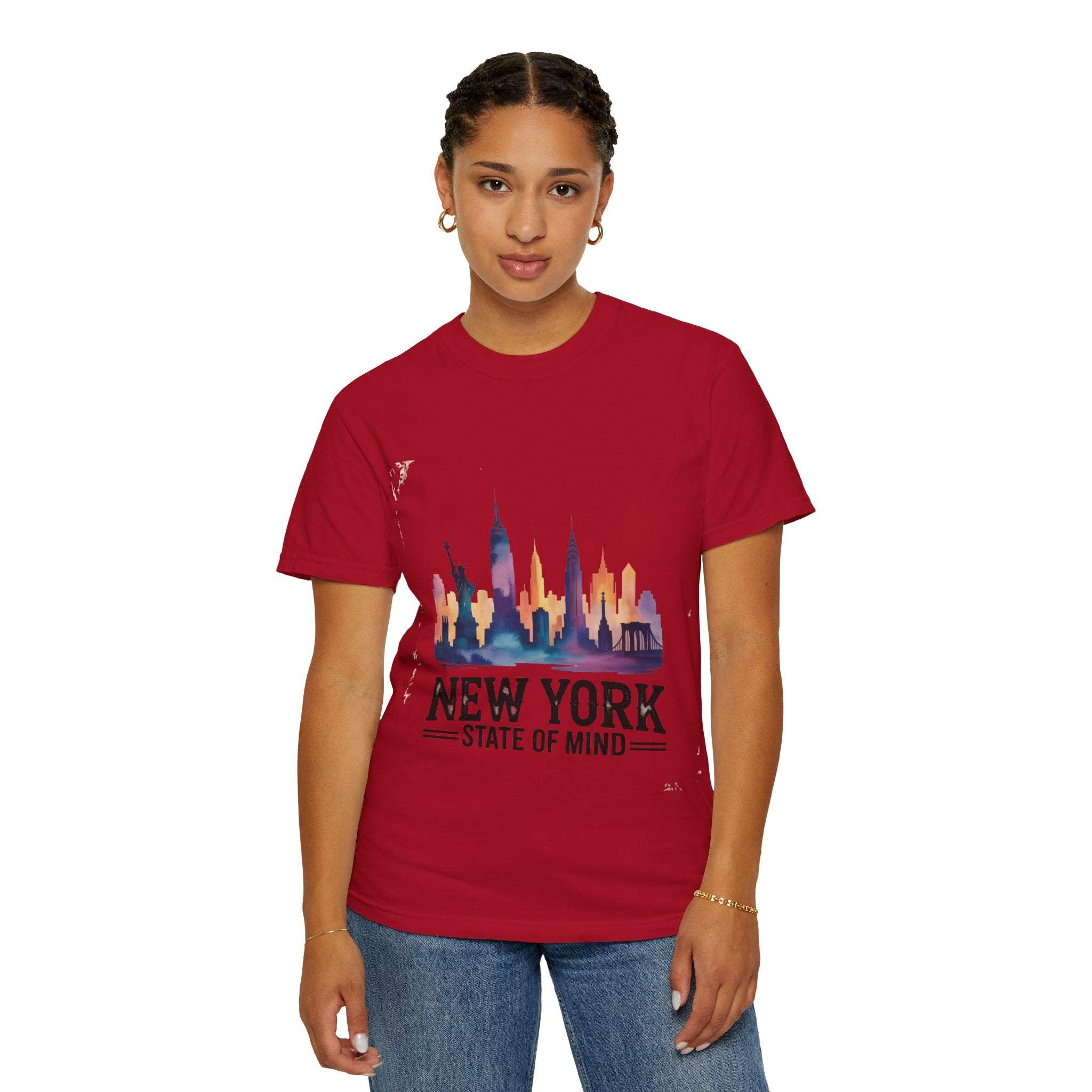 Garment-dyed red T-shirt with New York State of Mind design, worn by woman