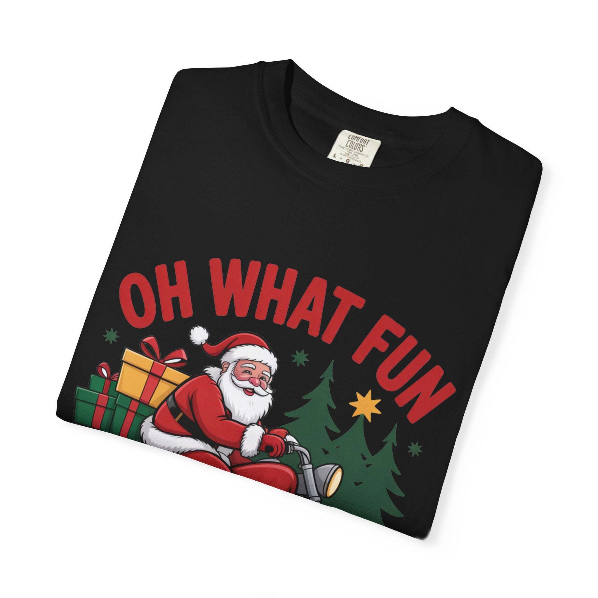 Black t-shirt with Santa on a motorcycle and Christmas gifts graphic, festive holiday design
