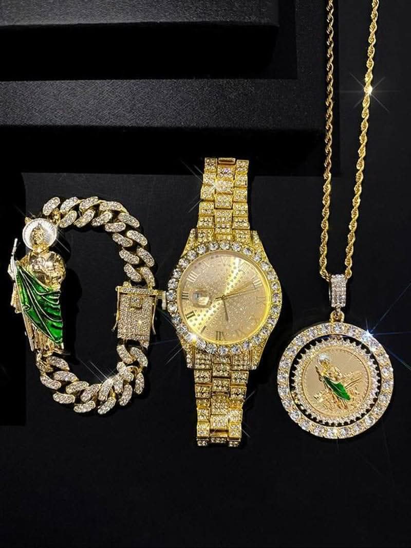 Luxury watch and matching jewelry set on display with elegant design