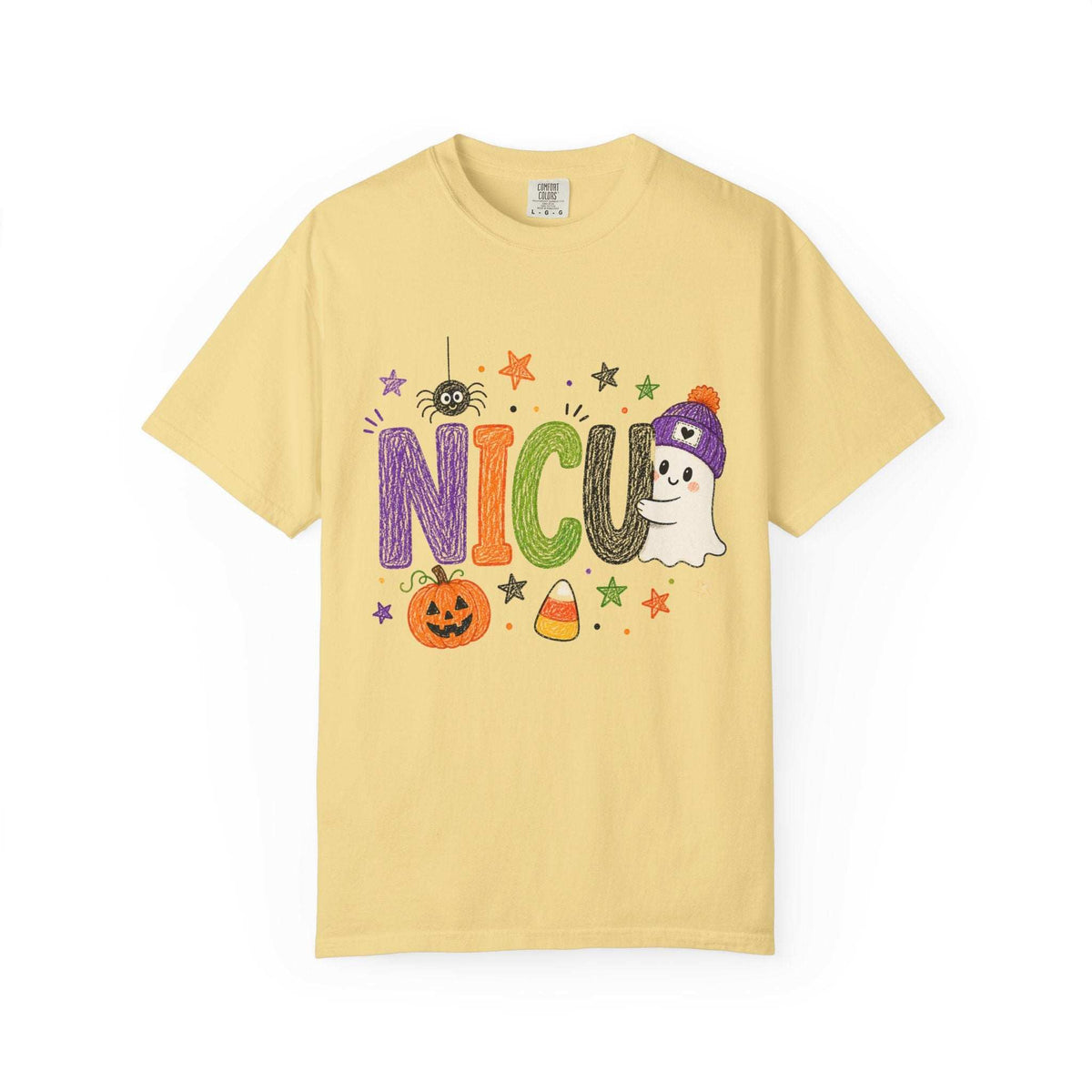 Butter yellow NICU nurse Halloween T-shirt with colorful crayon-style lettering, a smiling ghost in a purple beanie, pumpkin, and candy corn.