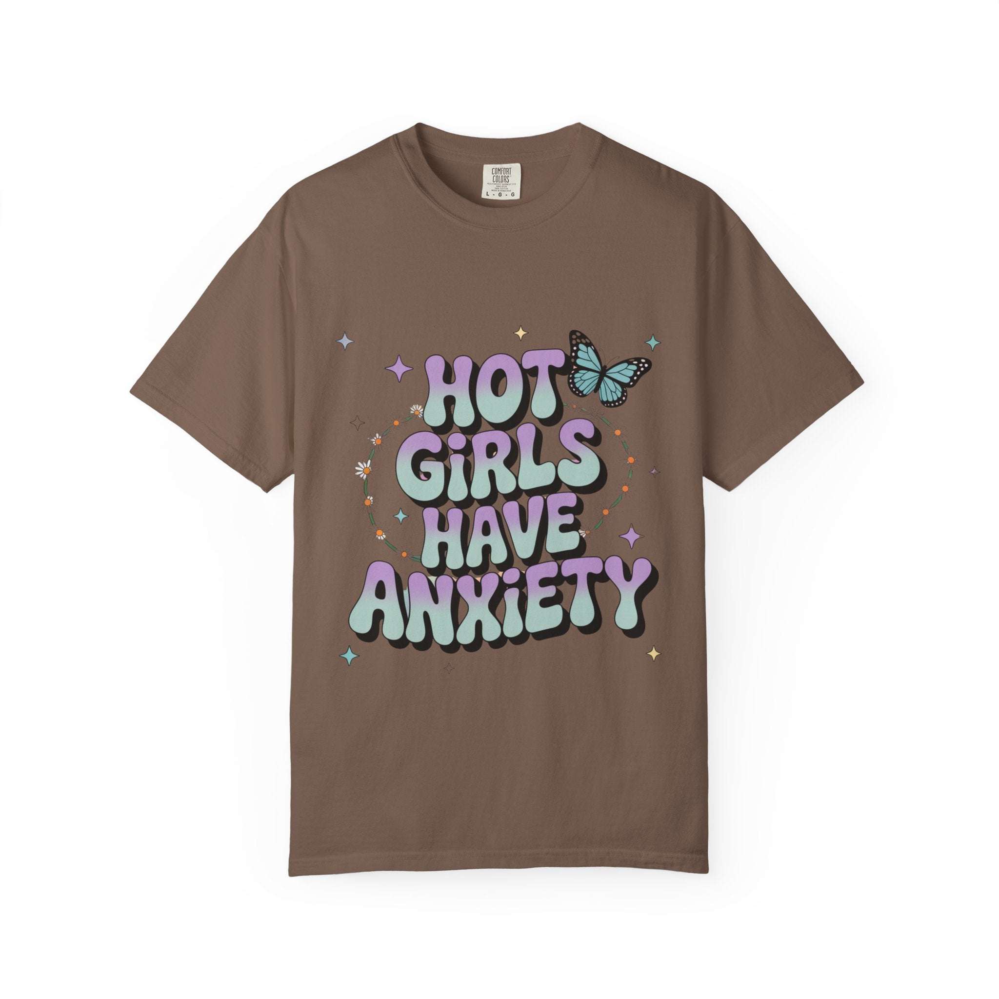 Black unisex t-shirt featuring 'Hot Girls Have Anxiety' slogan, casual wear by Printify.