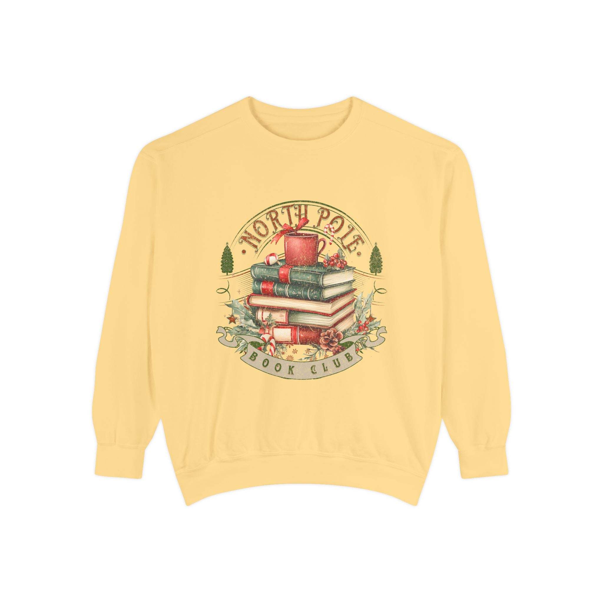 Vintage North Pole Book Club sweatshirt in soft cotton blend with festive book and cup design
