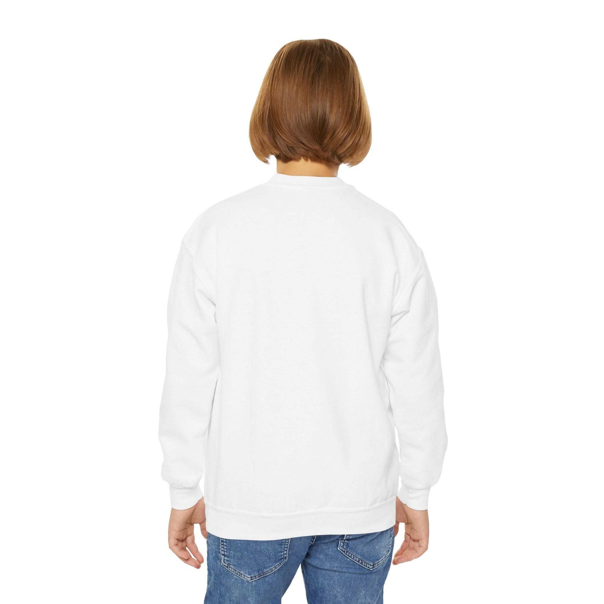 Back view of a child wearing a white Moody Girl Highland Cow sweatshirt with a loose fit and ribbed collar