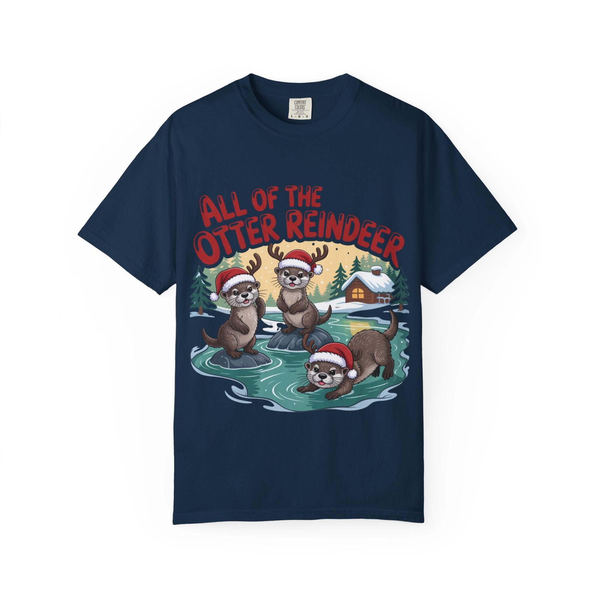 Navy Otter Reindeer Tee with festive otters wearing Santa hats in winter scene