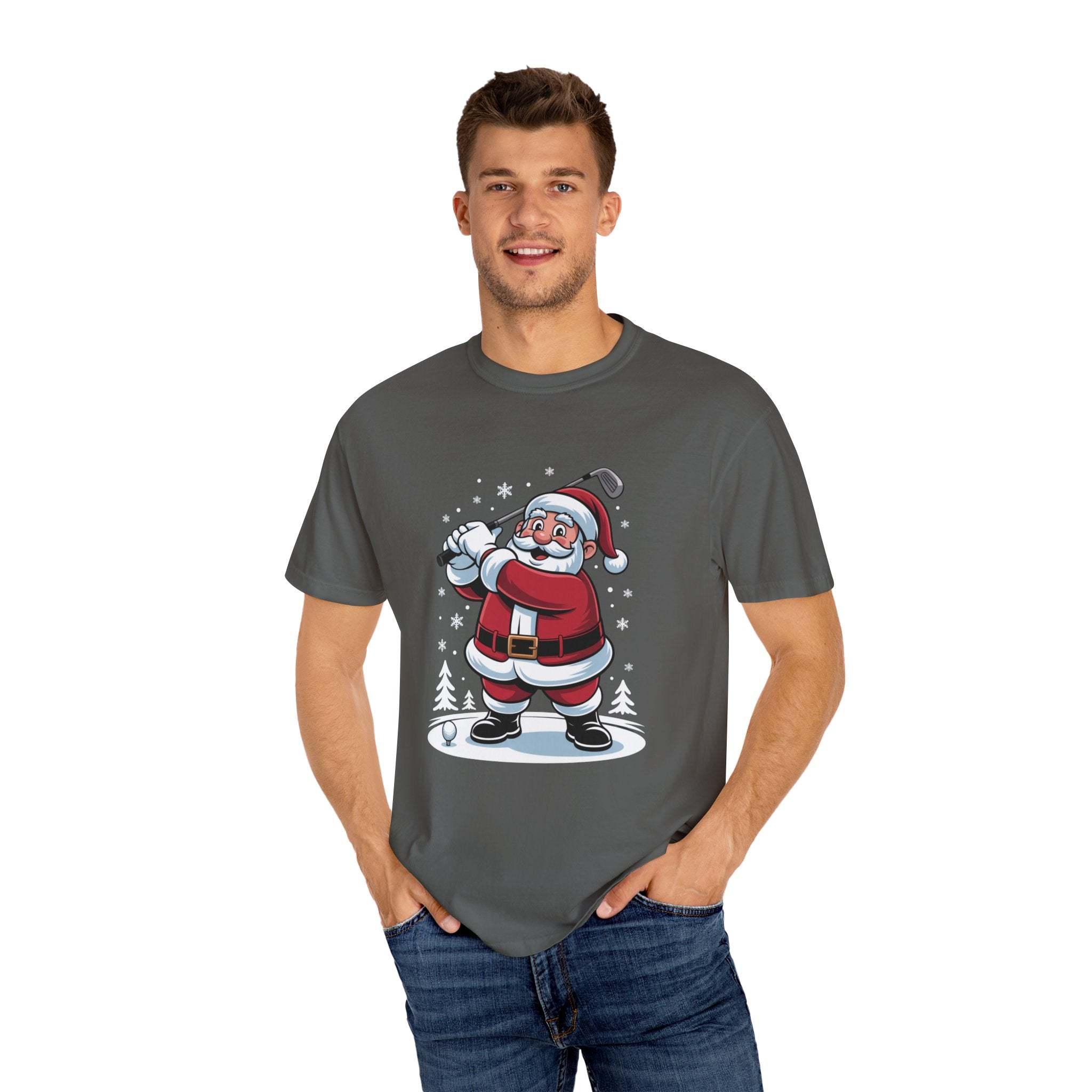 Unisex Santa Golfing T-Shirt featuring festive Santa golf design on soft, garment-dyed cotton tee