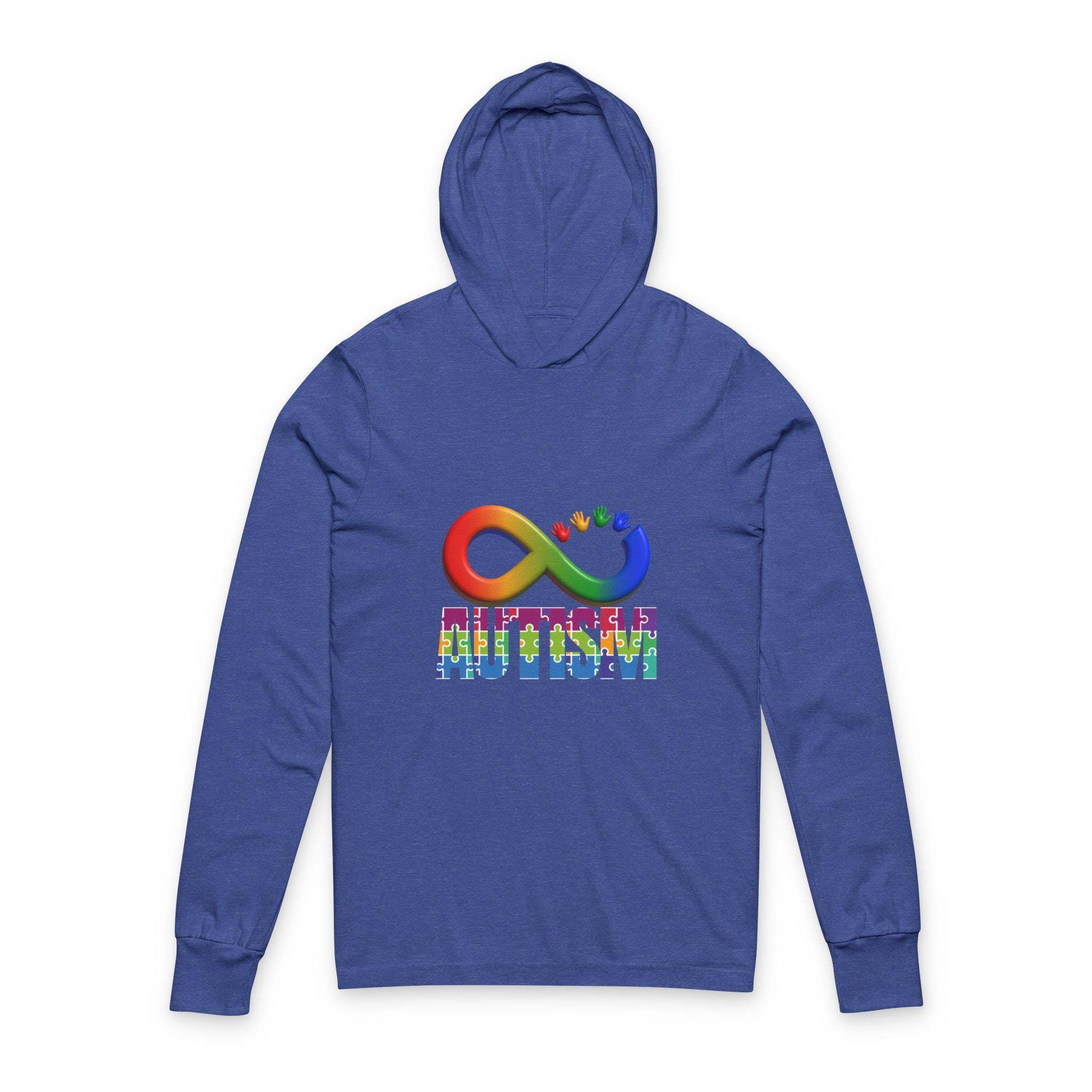 Blue Autism Awareness Hooded long sleeve tee with colorful infinity symbol and puzzle piece design