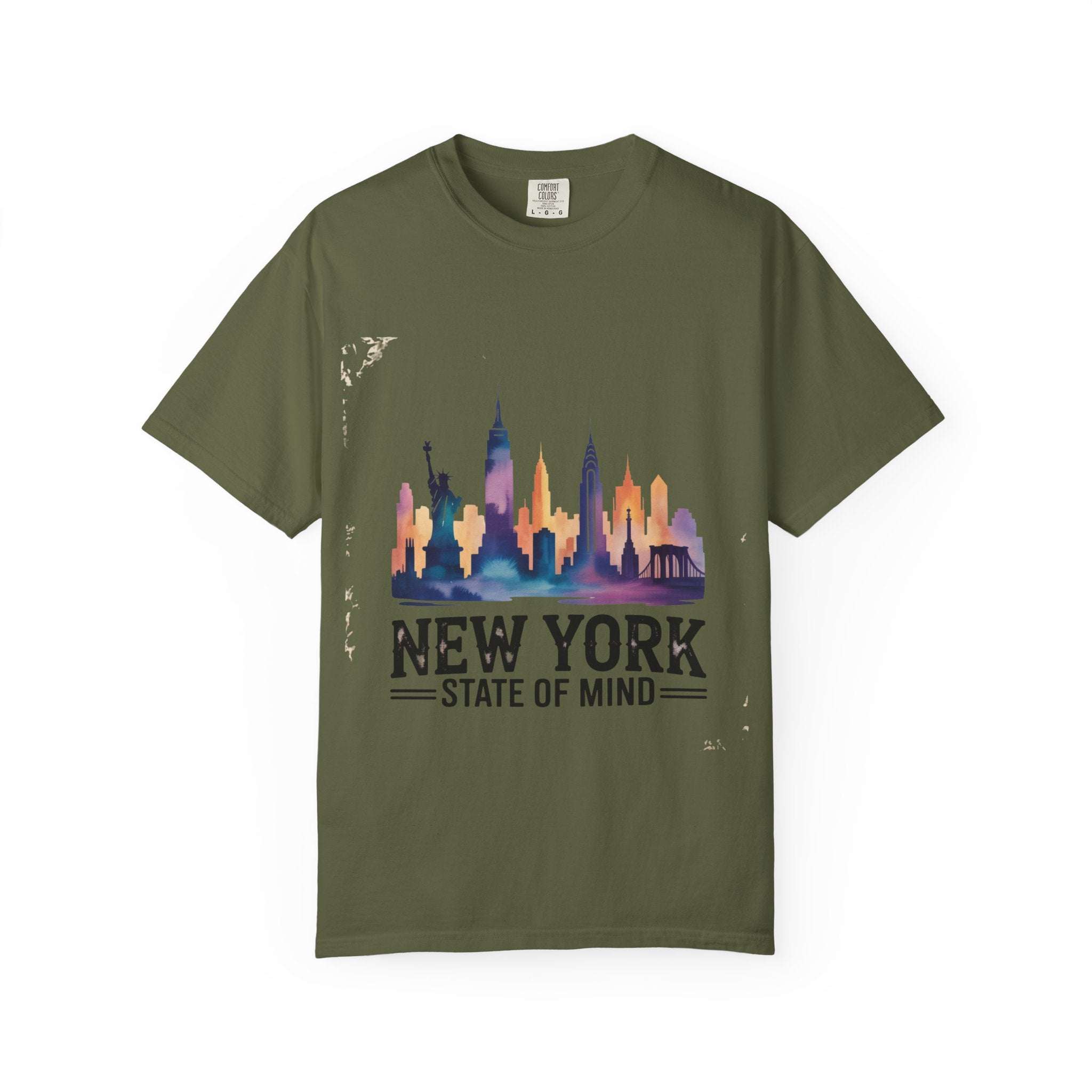 Red garment-dyed t-shirt with New York State of Mind design by Printify, featuring a comfortable fit.