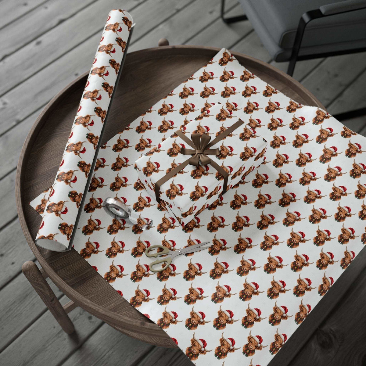 Gift wrapping papers with Santa Highland Cows design on thick fine art paper roll and sheets