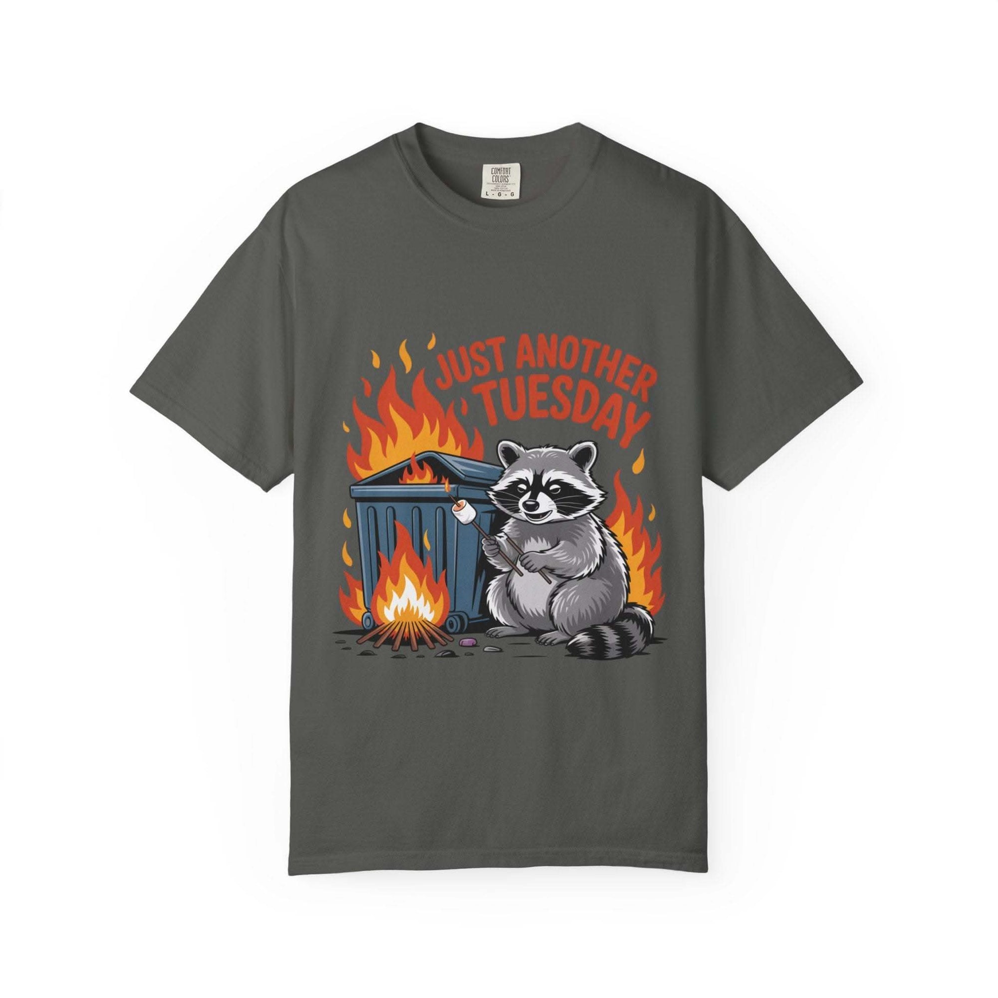 Gray t-shirt with a raccoon graphic and 'Just Another Tuesday' text on a white background