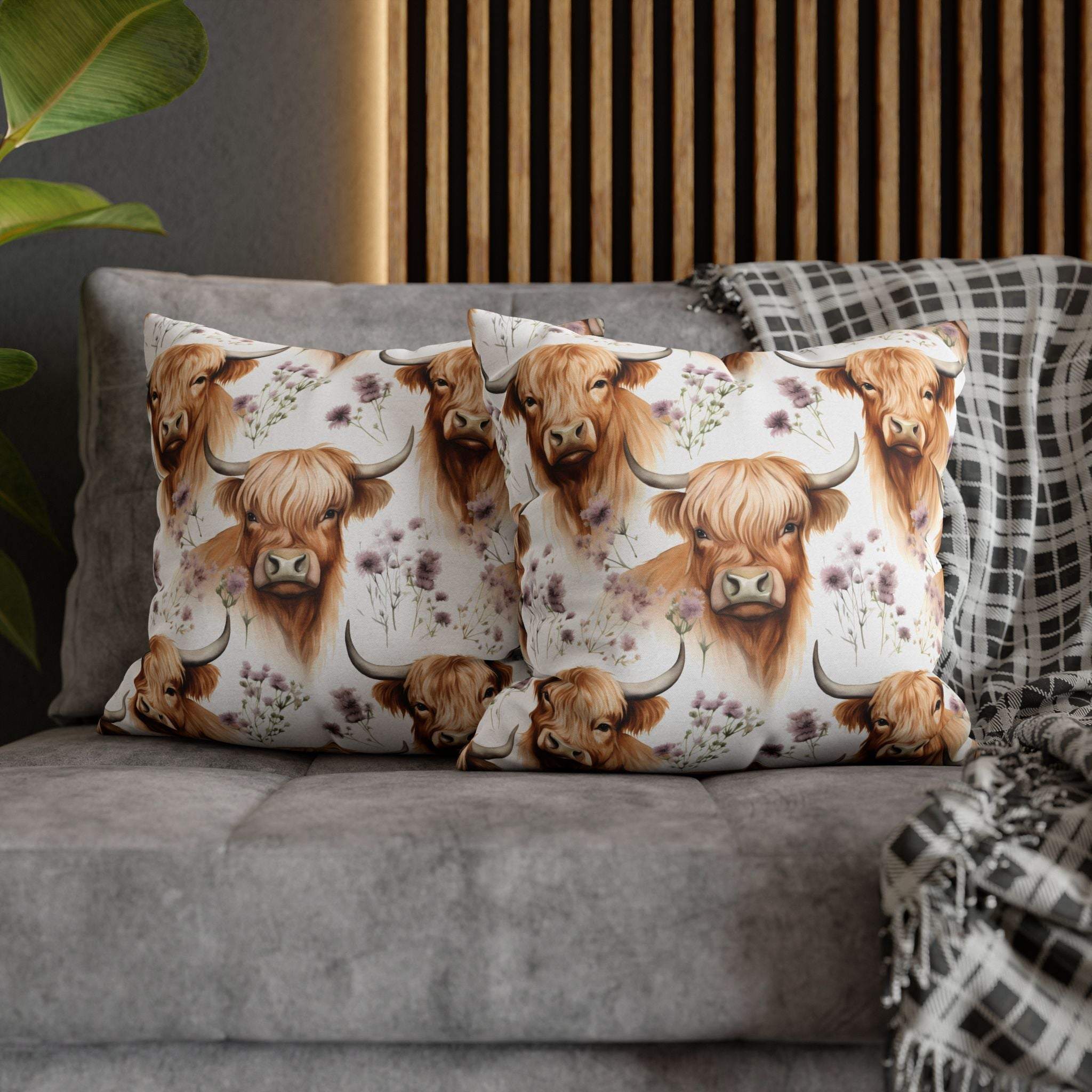 Floral Highland Cow pillowcase with delicate blooms and cozy farmhouse charm