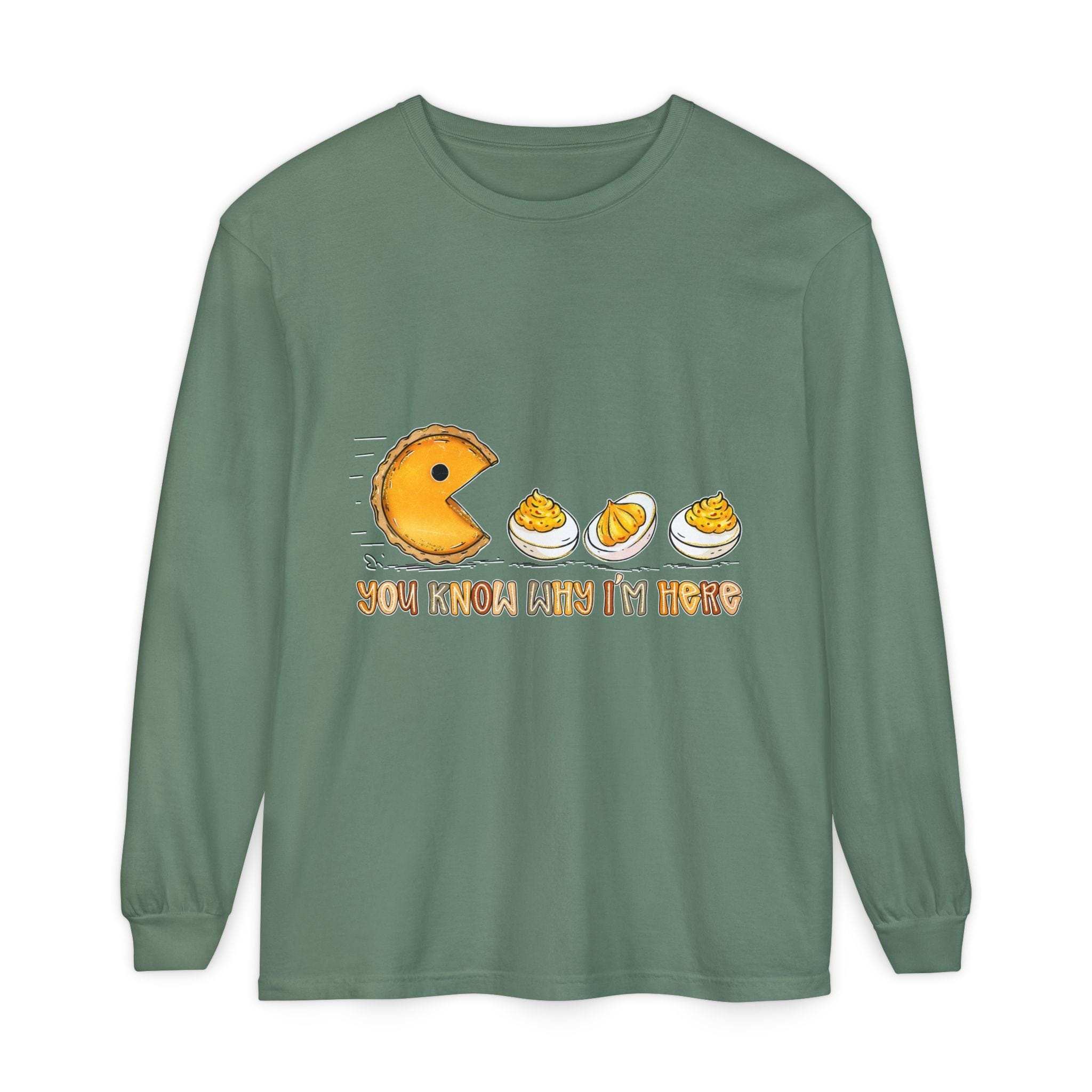 White long sleeve t-shirt featuring 'You Know Why I'm Here' deviled eggs graphic by Printify
