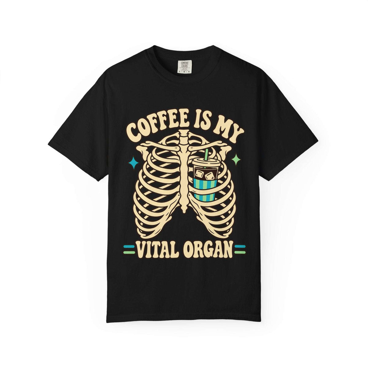 A black short-sleeve crewneck t-shirt featuring a graphic print of a rib cage with a coffee cup inside, and the text 'COFFEE IS MY VITAL ORGAN' in a beige retro font.