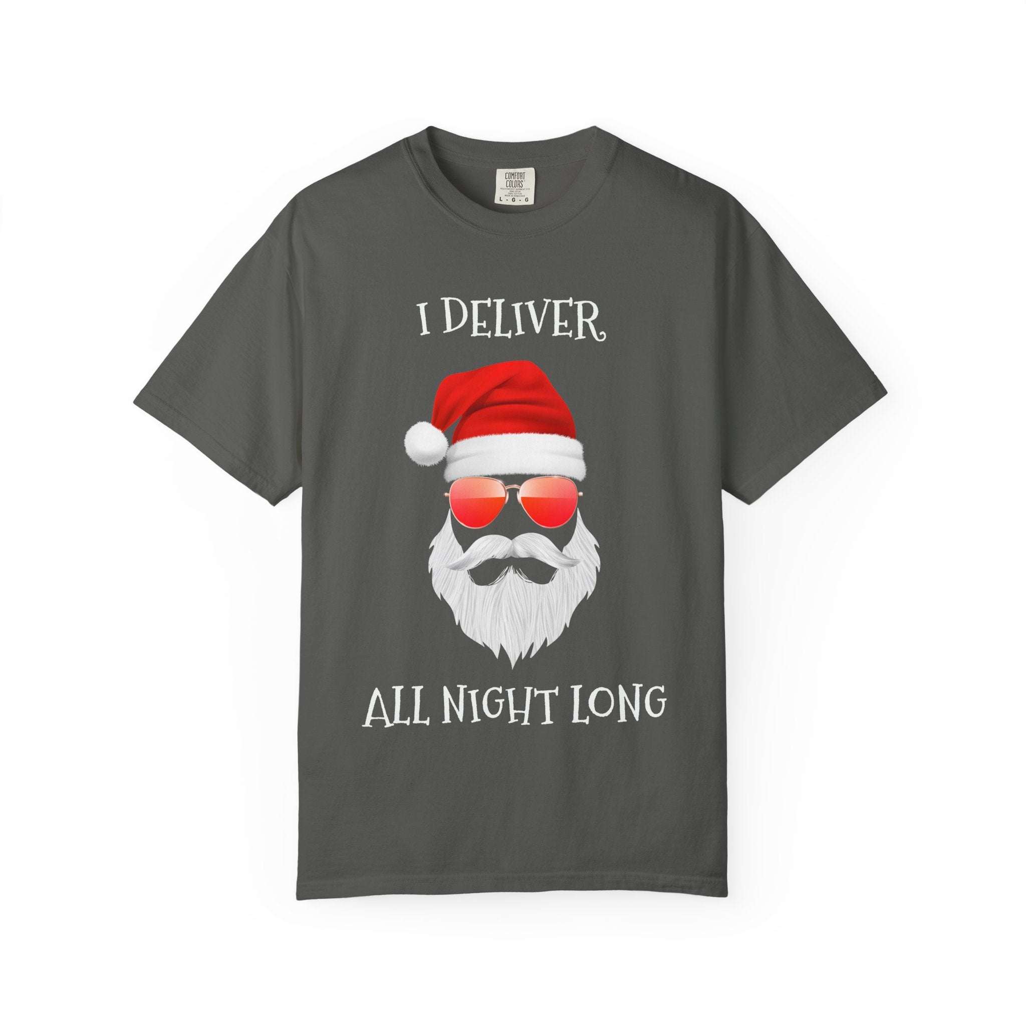 Espresso cotton t-shirt featuring 'Santa I Deliver All Night Long' print, holiday-themed design by Printify