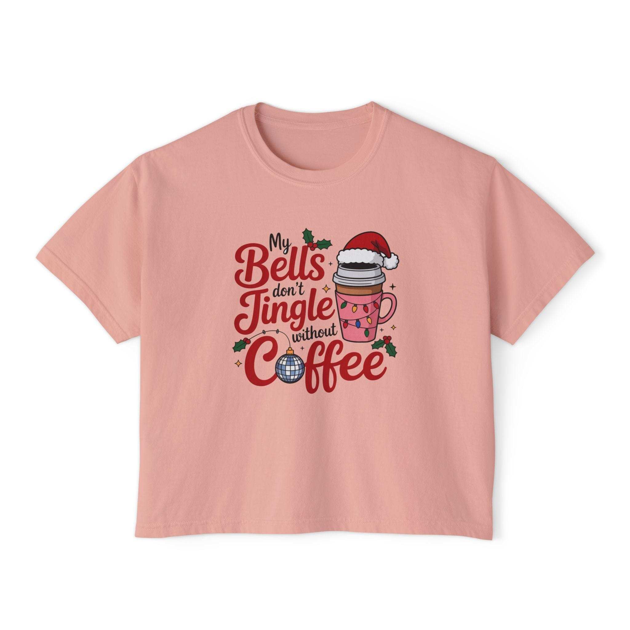 White boxy tee with 'My Bells Don't Jingle Without Coffee' graphic, casual wear by Printify