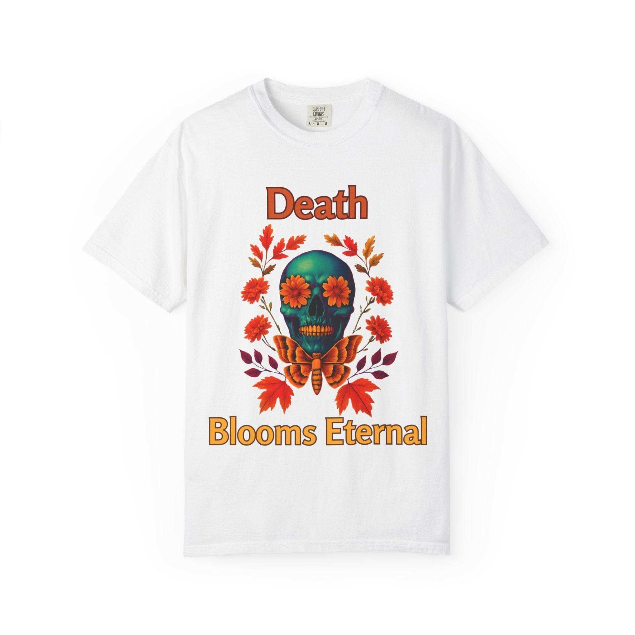 White Death Blooms Eternal unisex T-shirt with skull, flowers, and butterfly design