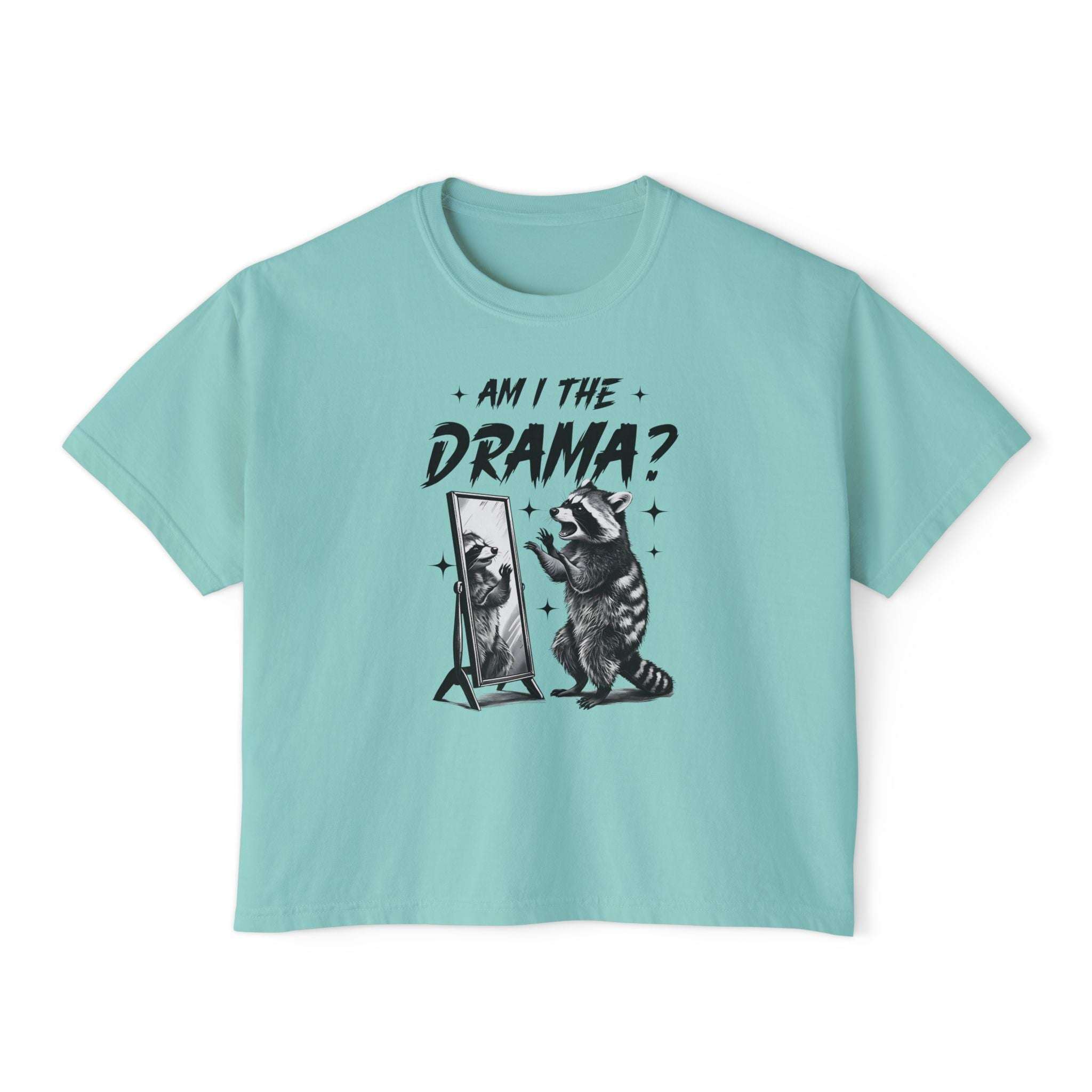 Light blue women's boxy tee with "Am I The Drama?" raccoon graphic and vintage pigment dye finish